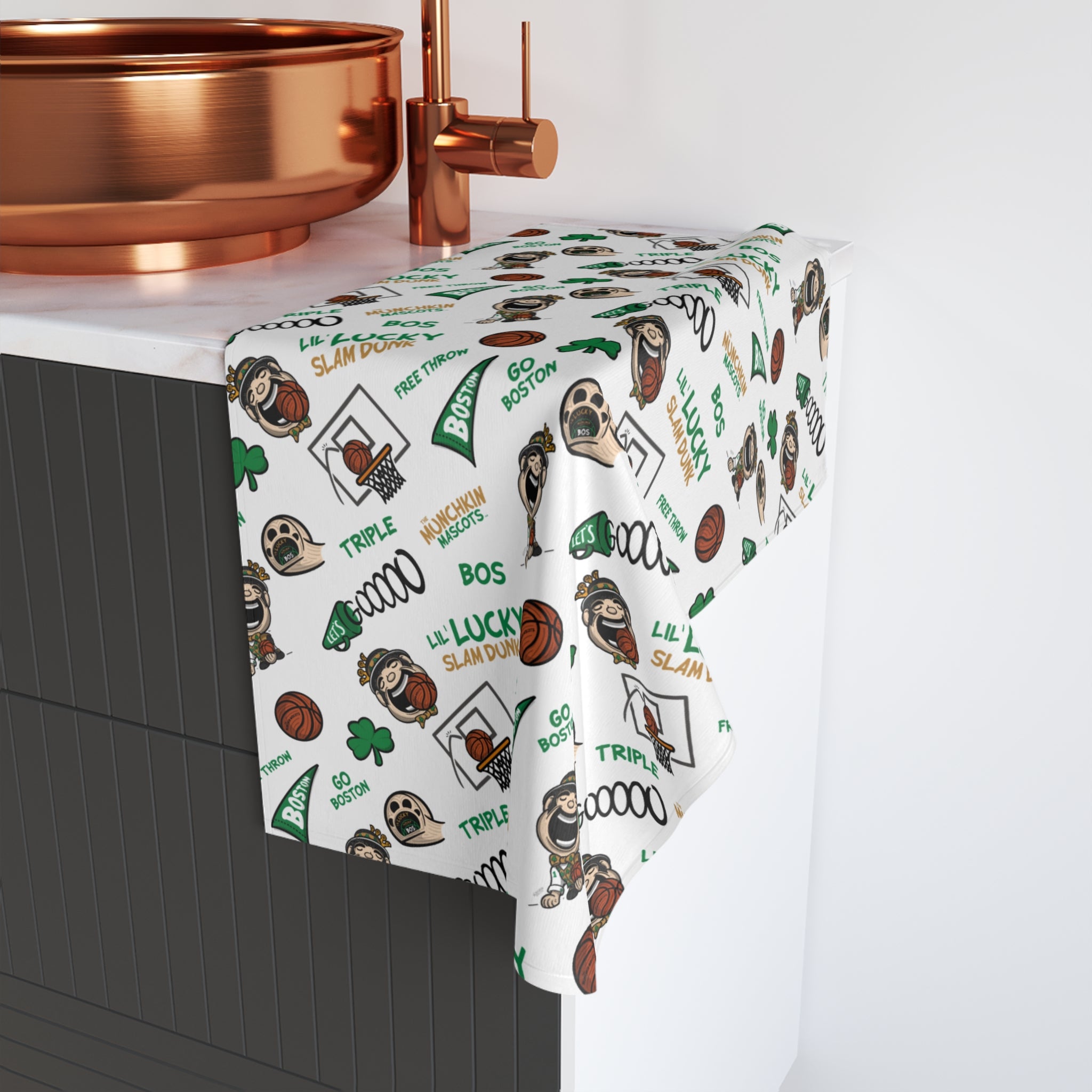 Boston Basketball Hand Towel Lil' Lucky Pattern | Hand-Drawn Art | Gifts for Kids
