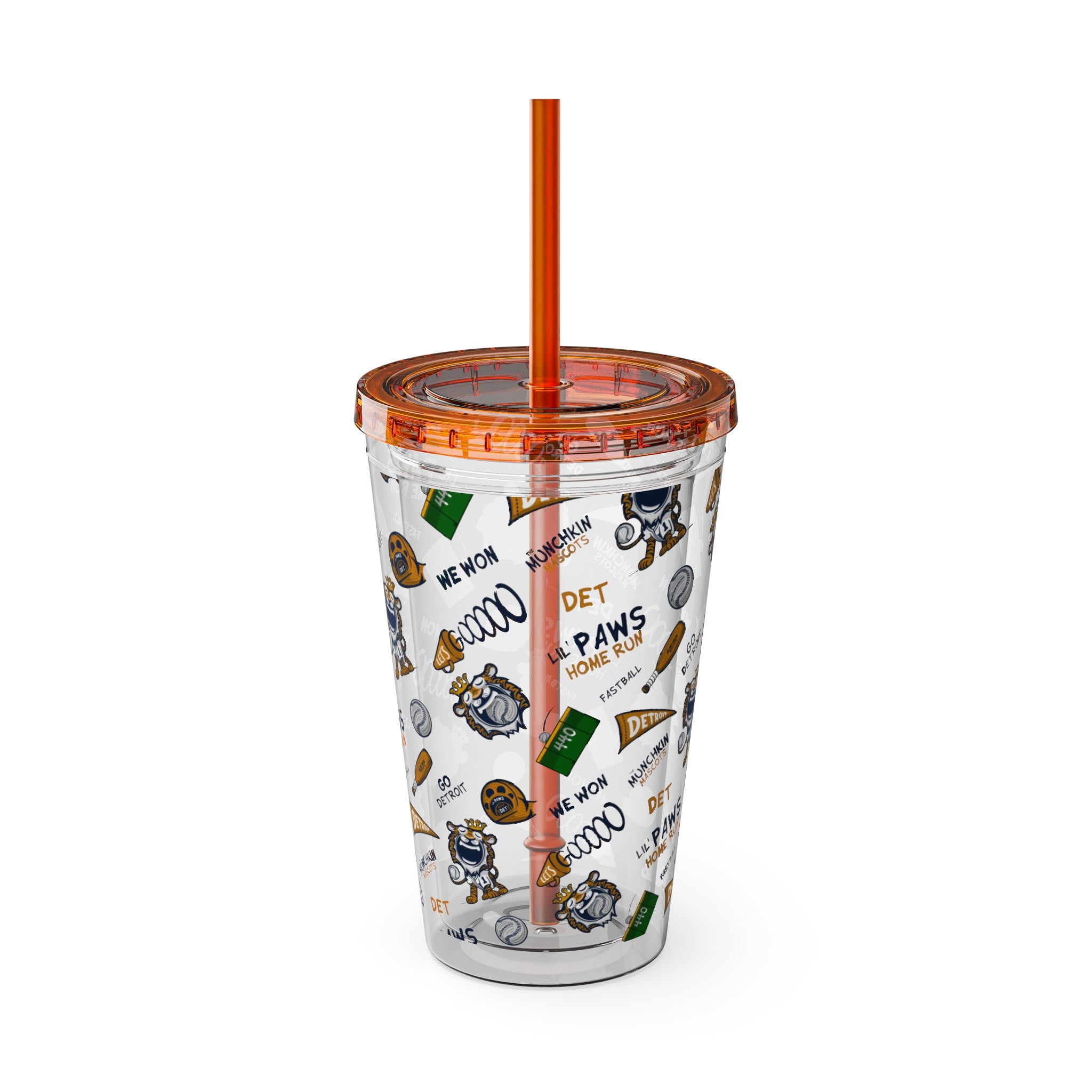 Detroit Baseball Tumbler with Straw Lil' Paws Pattern | Hand-Drawn Art | Gifts for Kids