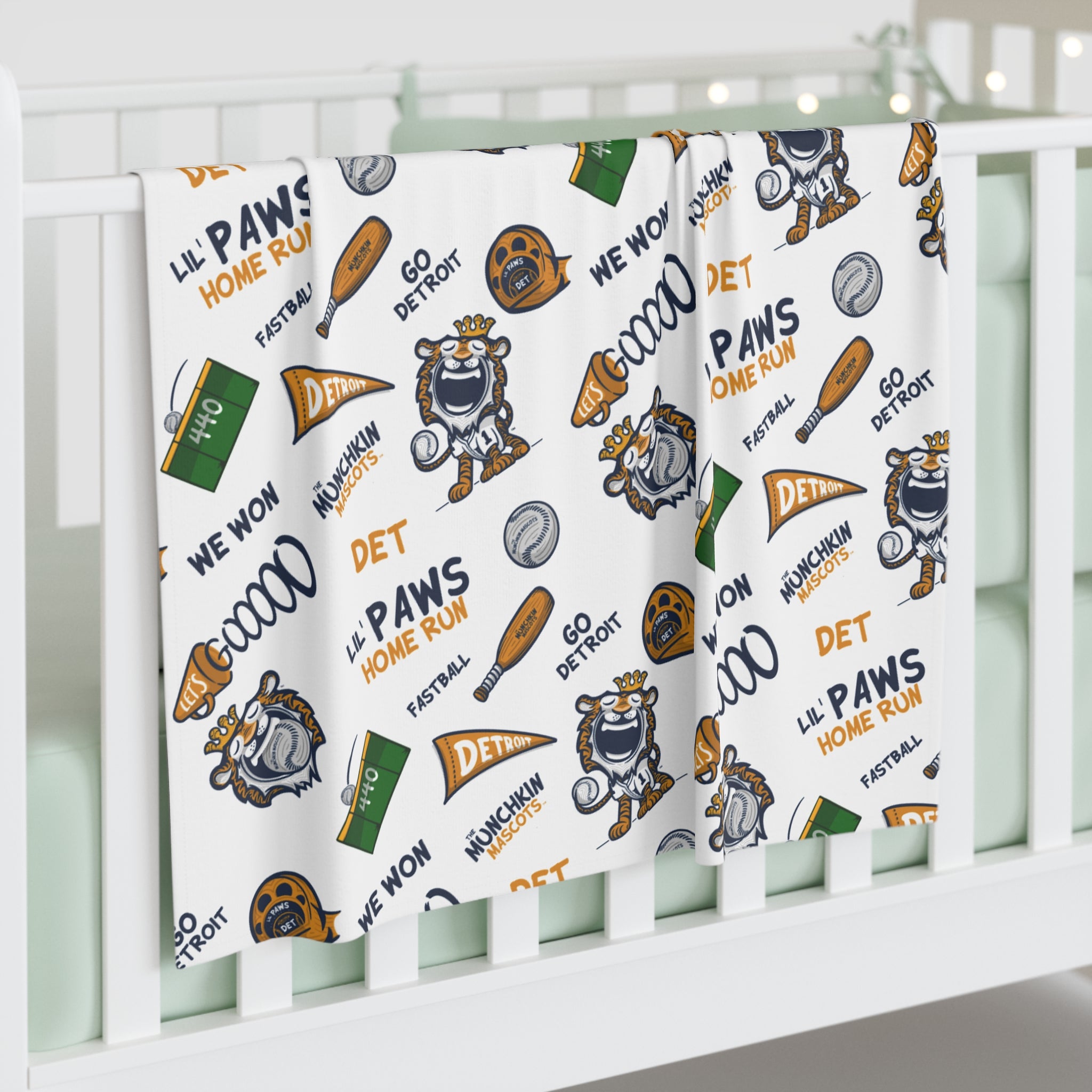 Detroit Baseball Baby Swaddle Blanket Lil' Paws Pattern | Hand-Drawn Art | Gifts for Newborns