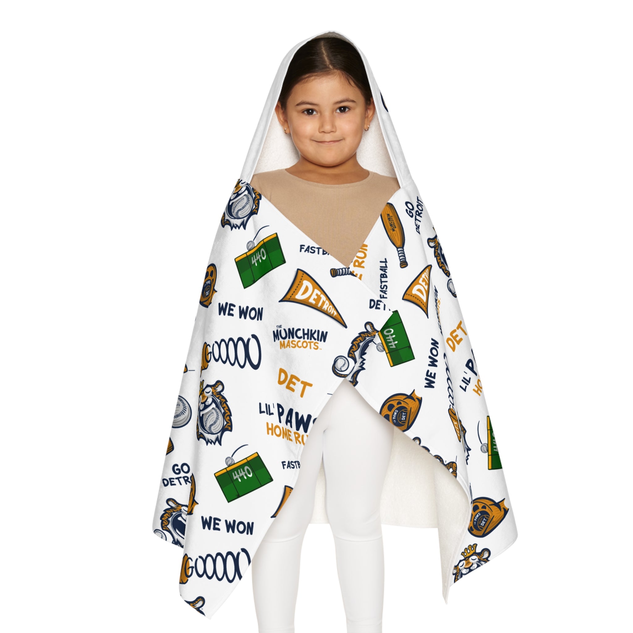 Detroit Baseball Hooded Towel Lil' Paws Pattern | Hand-Drawn Art | Gifts for Kids