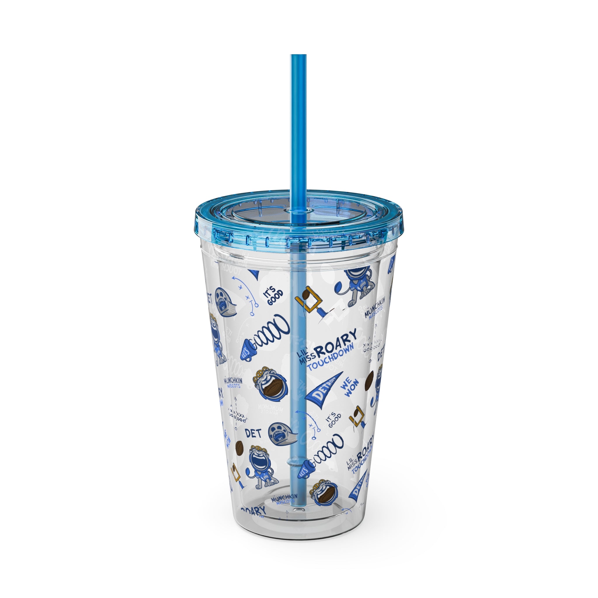 Detroit Football Tumbler with Straw Lil' Miss Roary Pattern | Hand-Drawn Art | Gifts for Kids