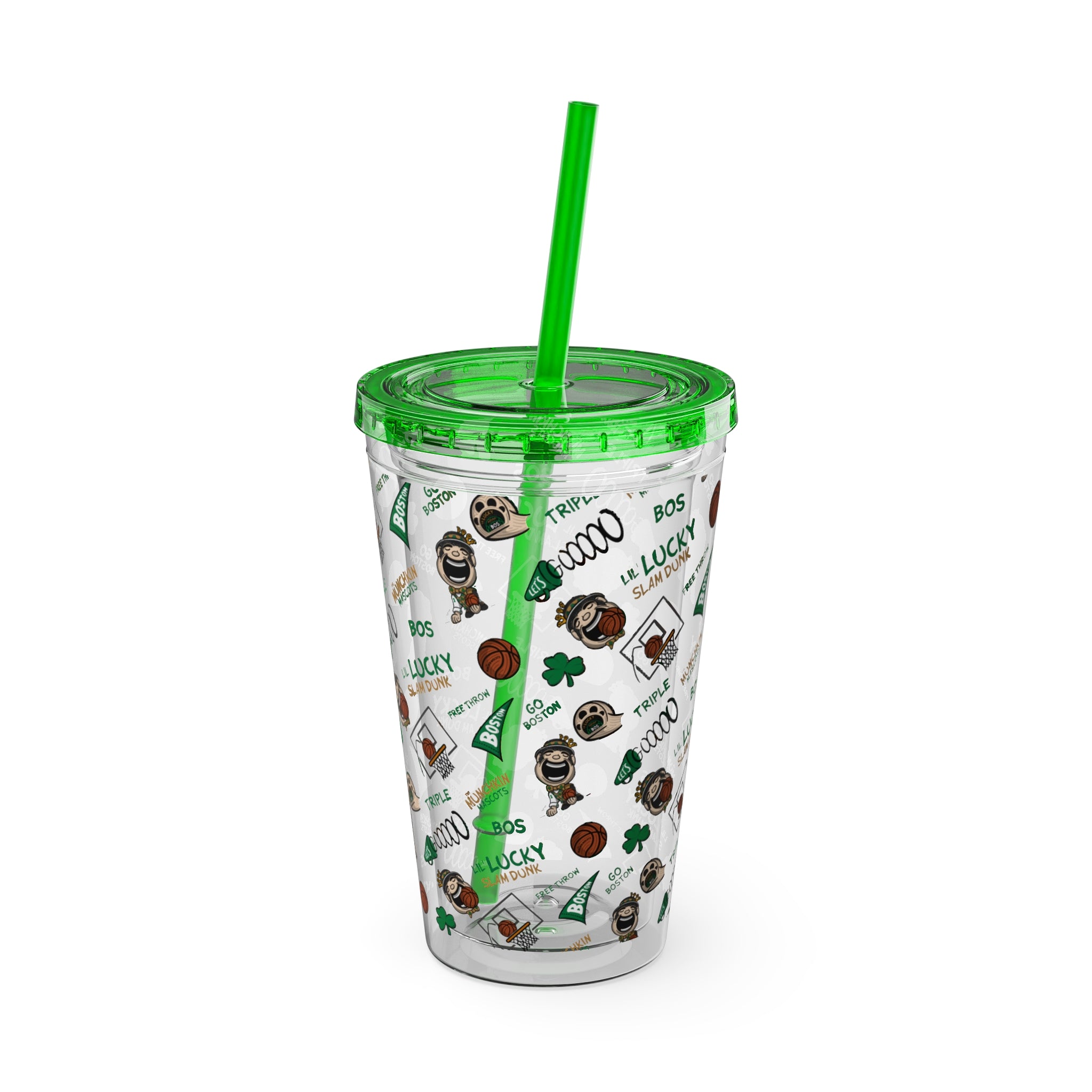 Boston Basketball Tumbler with Straw Lil' Lucky Pattern | Hand-Drawn Art | Gifts for Kids