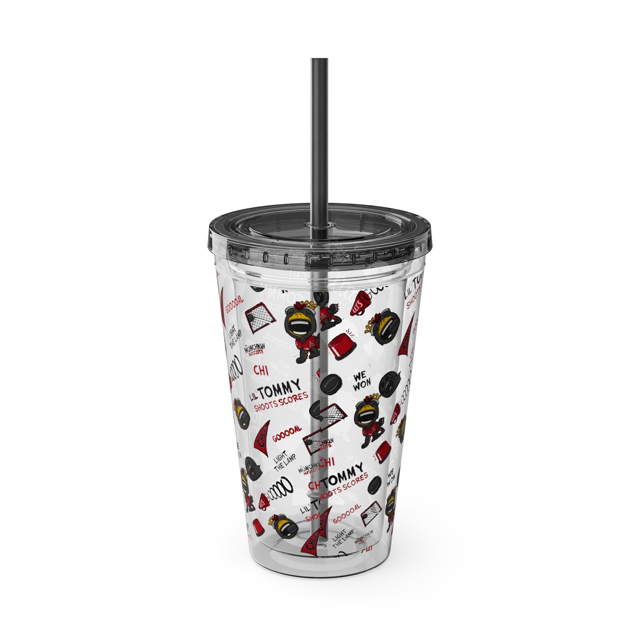 Chicago Hockey Tumbler with Straw Lil' Tommy Pattern | Hand-Drawn Art | Gifts for Kids