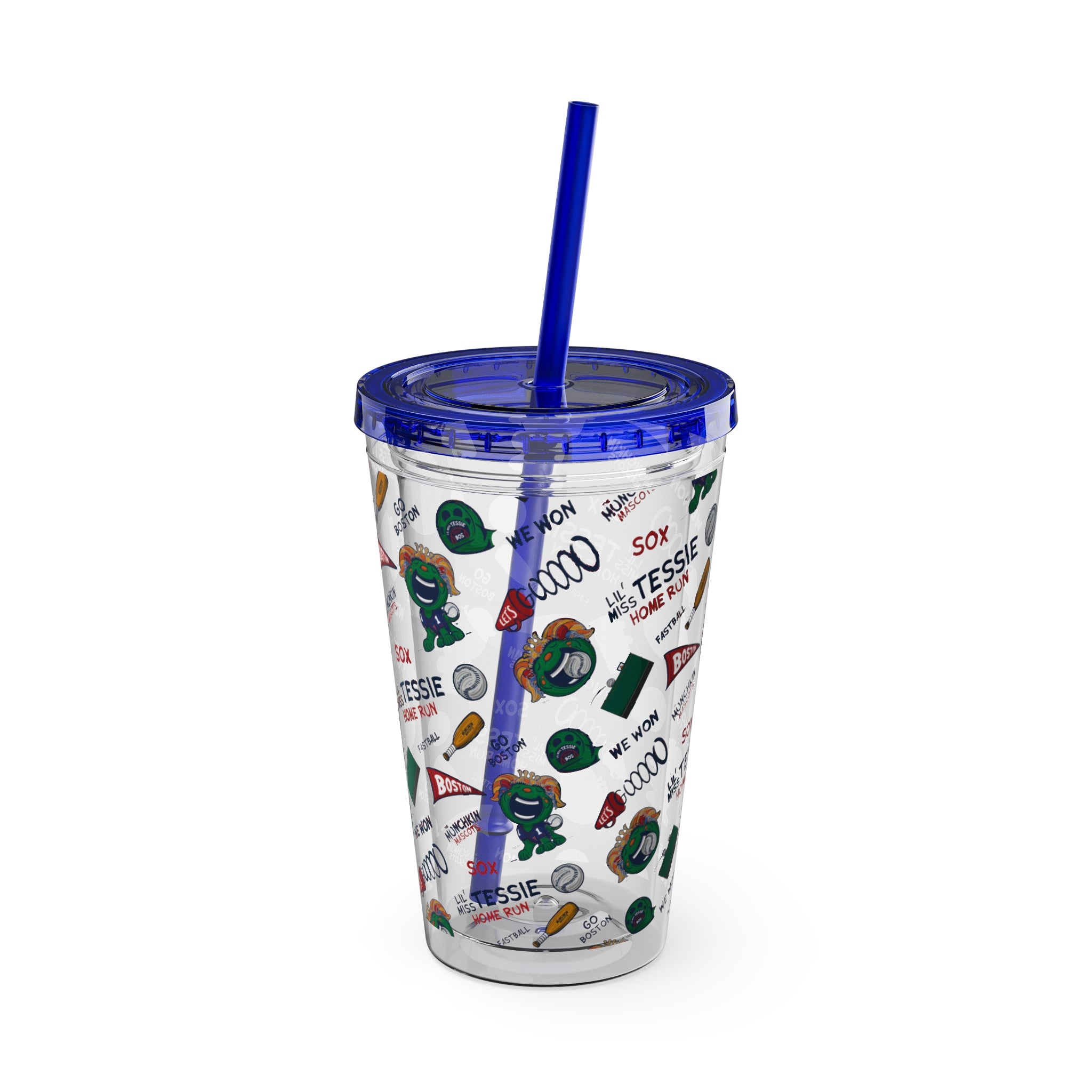 Boston Baseball Tumbler with Straw Lil' Miss Tessie Pattern | Hand-Drawn Art | Gifts for Kids