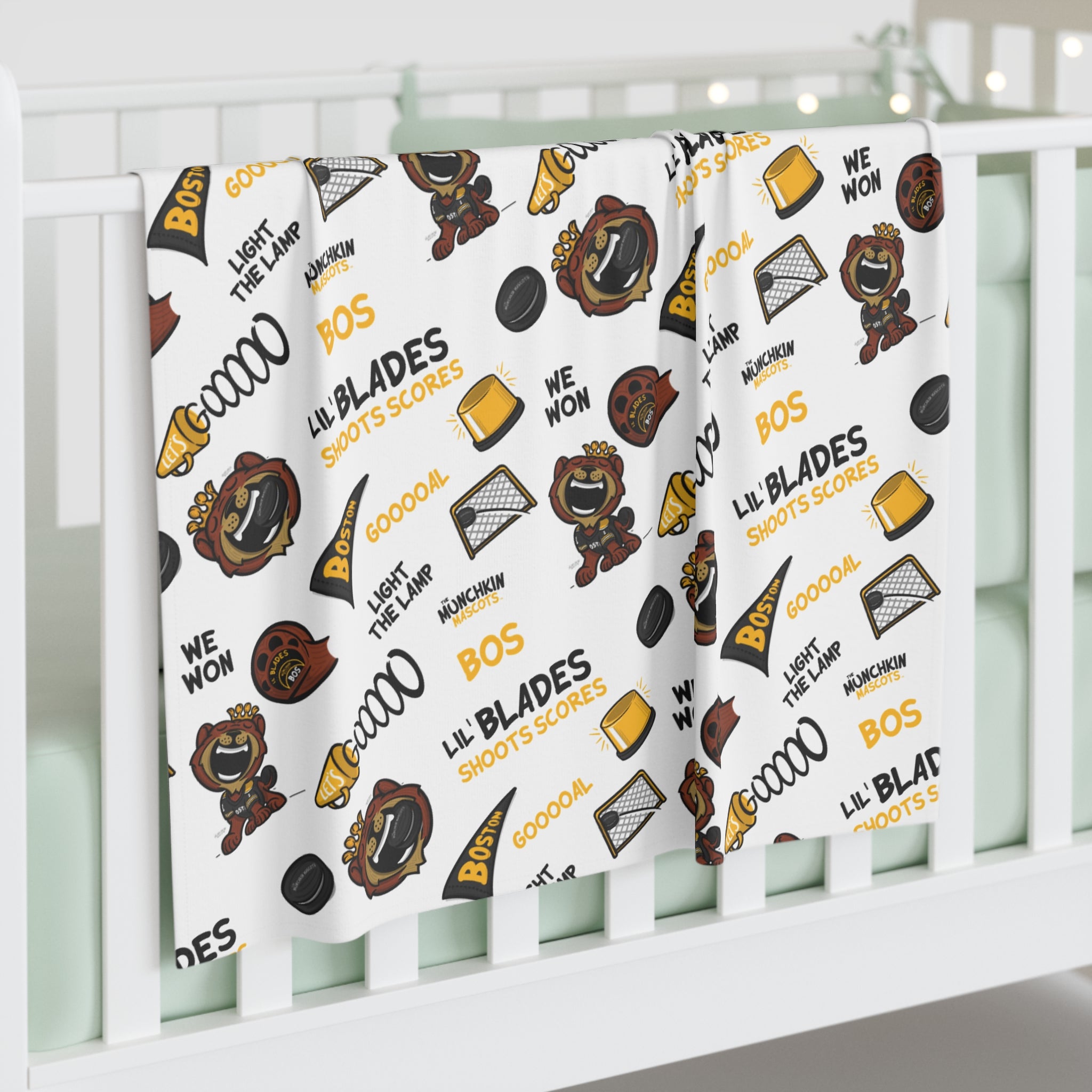 Boston Hockey Baby Swaddle Blanket Lil' Blades Pattern | Hand-Drawn Art | Gifts for Newborns