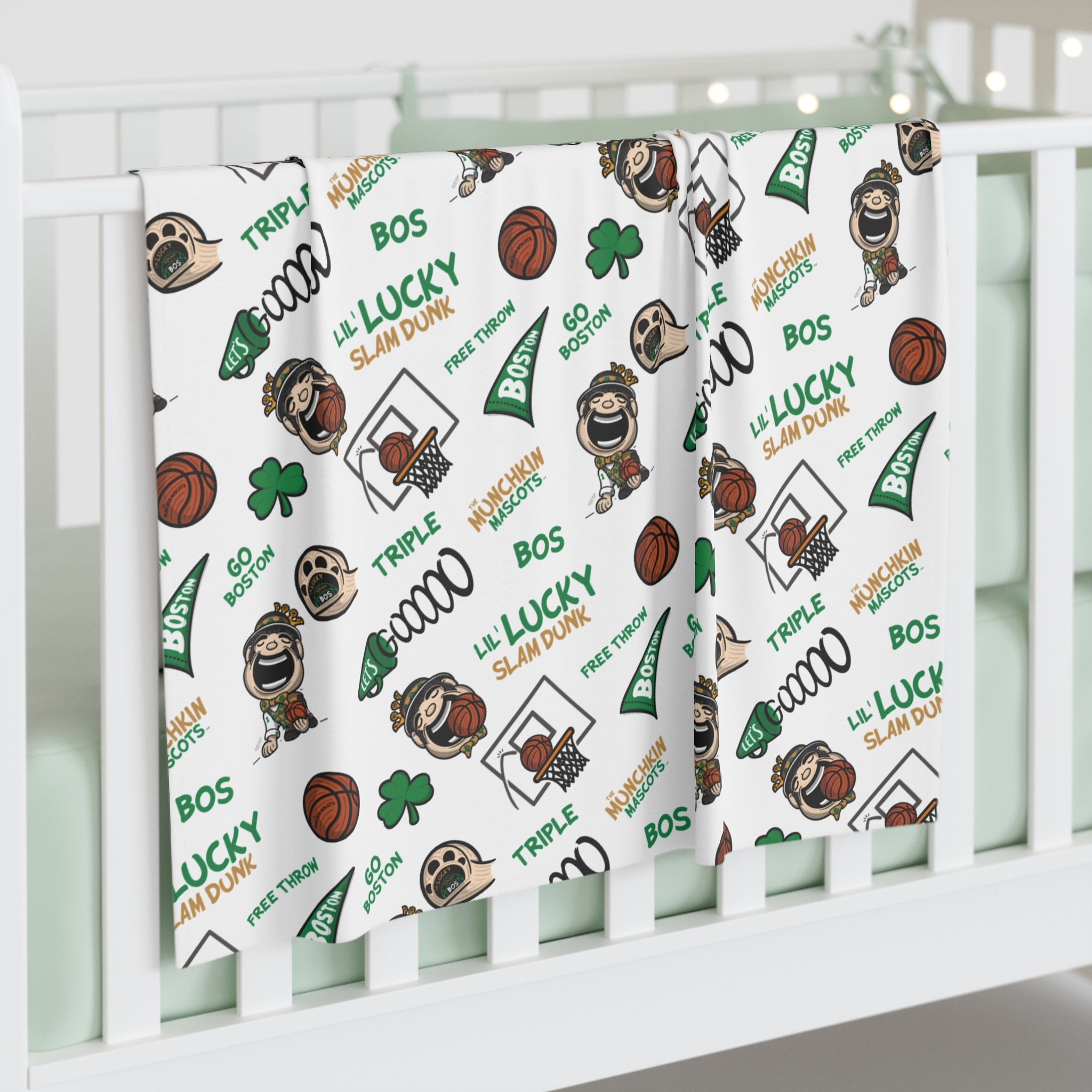 Boston Basketball Baby Swaddle Blanket Lil' Lucky Pattern | Hand-Drawn Art | Gifts for Newborns