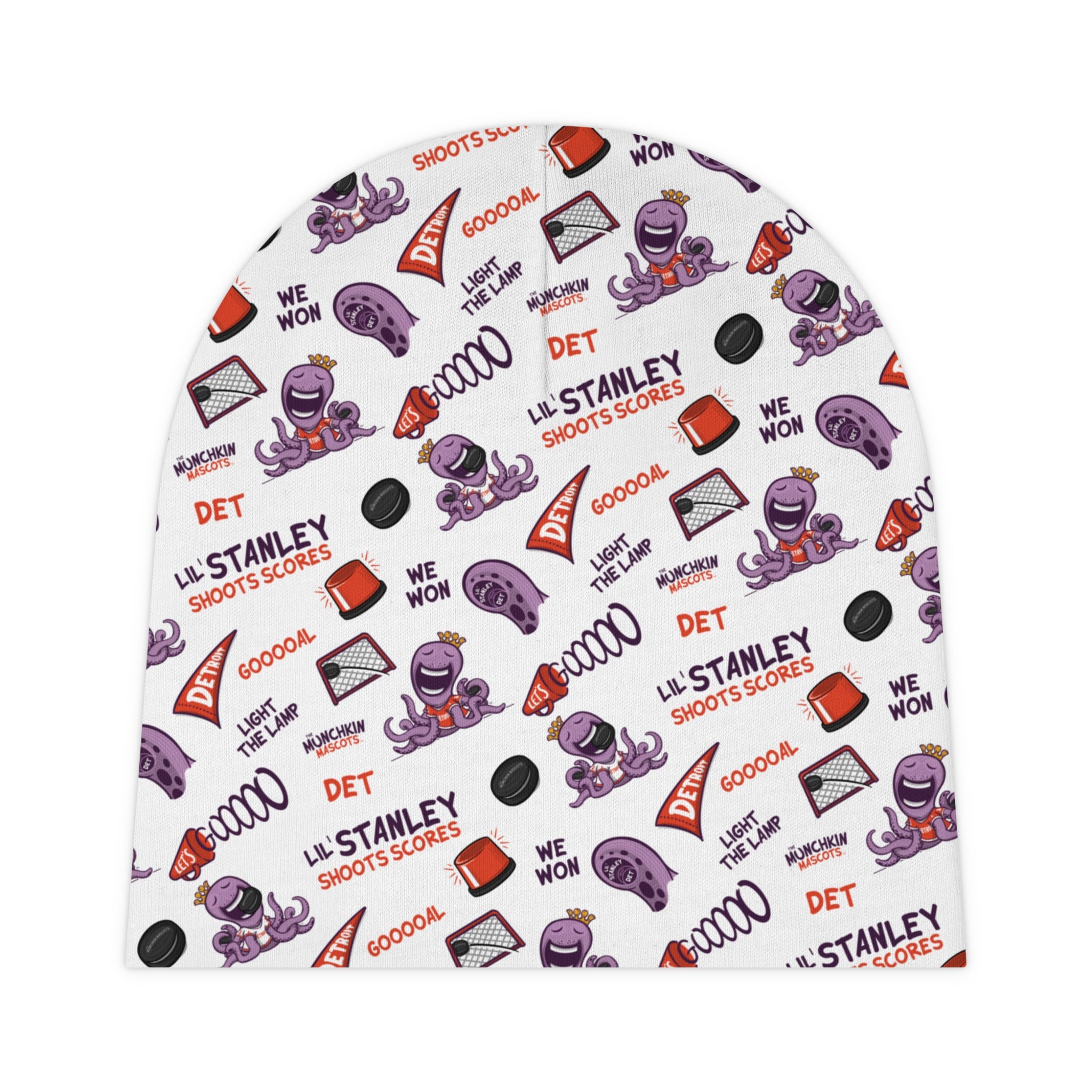 Detroit Hockey Baby Beanie Lil' Stanley Pattern | Hand-Drawn Art | Gifts for Newborns