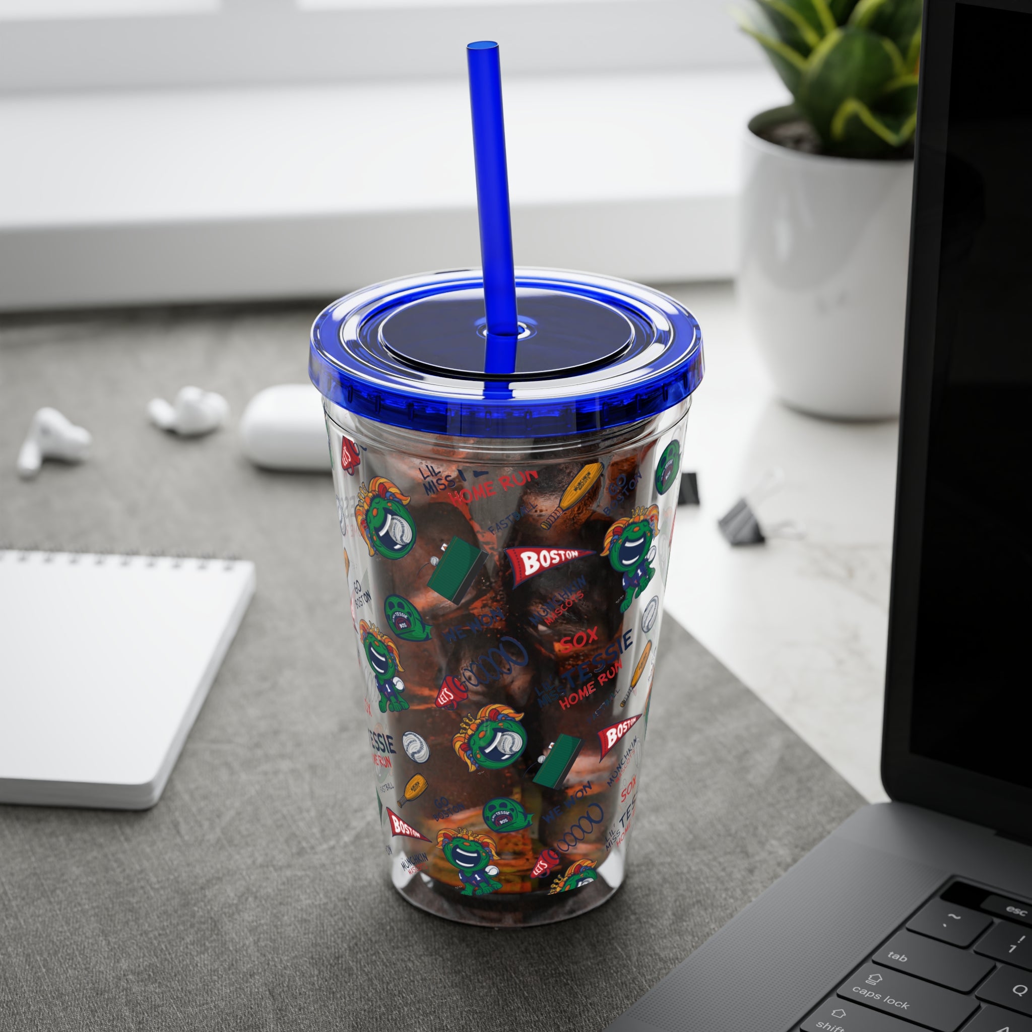 Boston Baseball Tumbler with Straw Lil' Miss Tessie Pattern | Hand-Drawn Art | Gifts for Kids