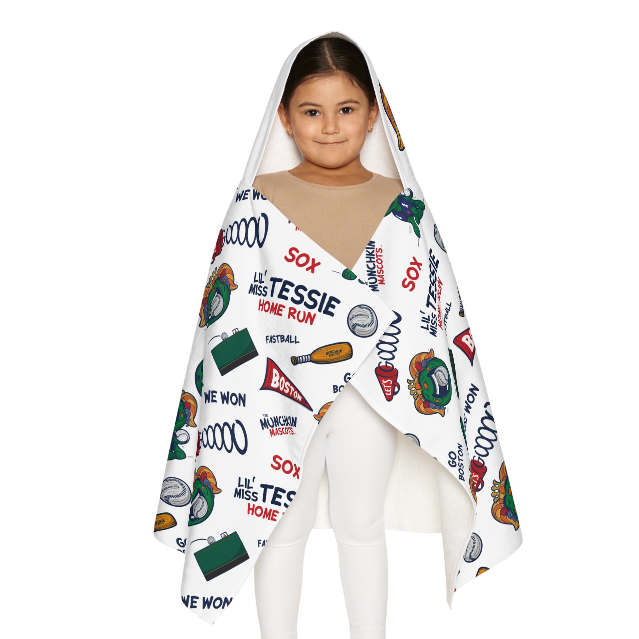 Boston Baseball Hooded Towel Lil' Miss Tessie Pattern | Hand-Drawn Art | Gifts for Kids