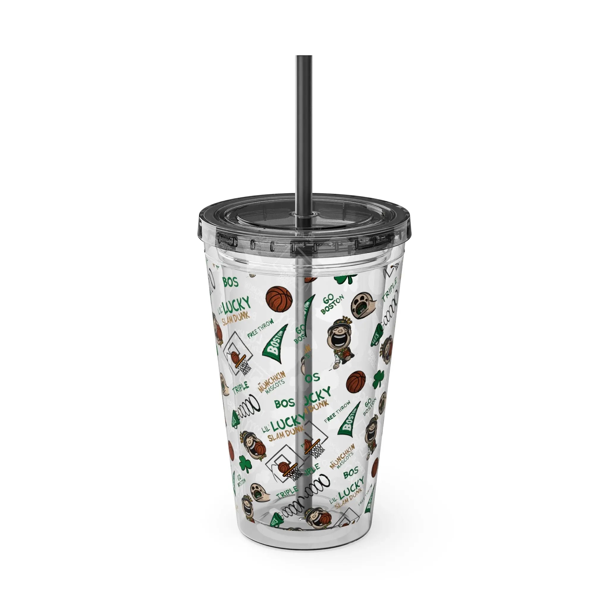 Sunsplash Tumbler with Straw, 16oz - Pattern - Lil' Lucky BOS Basketball Printify