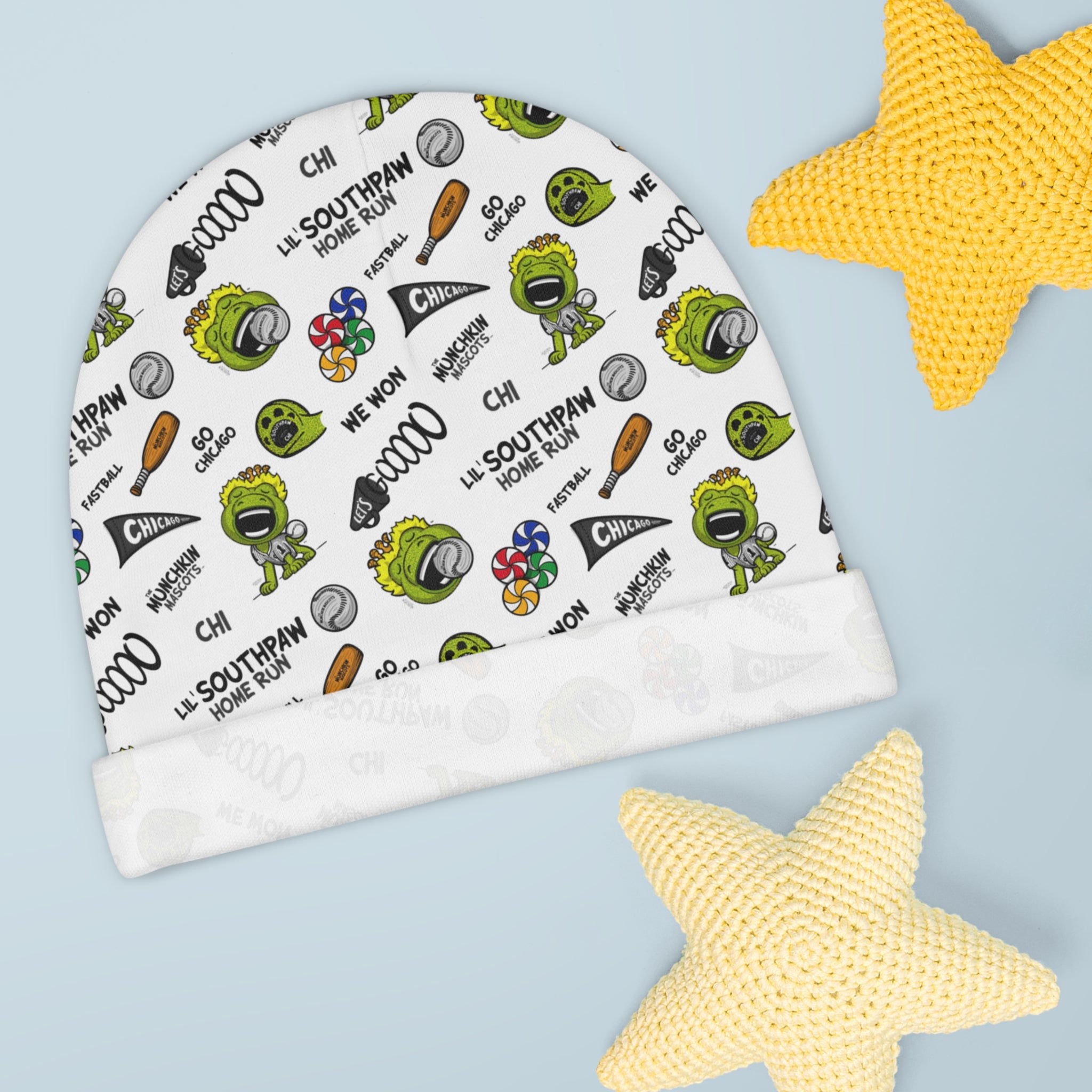 Chicago Baseball Baby Beanie Lil' Southpaw Pattern | Hand-Drawn Art | Gifts for Newborns