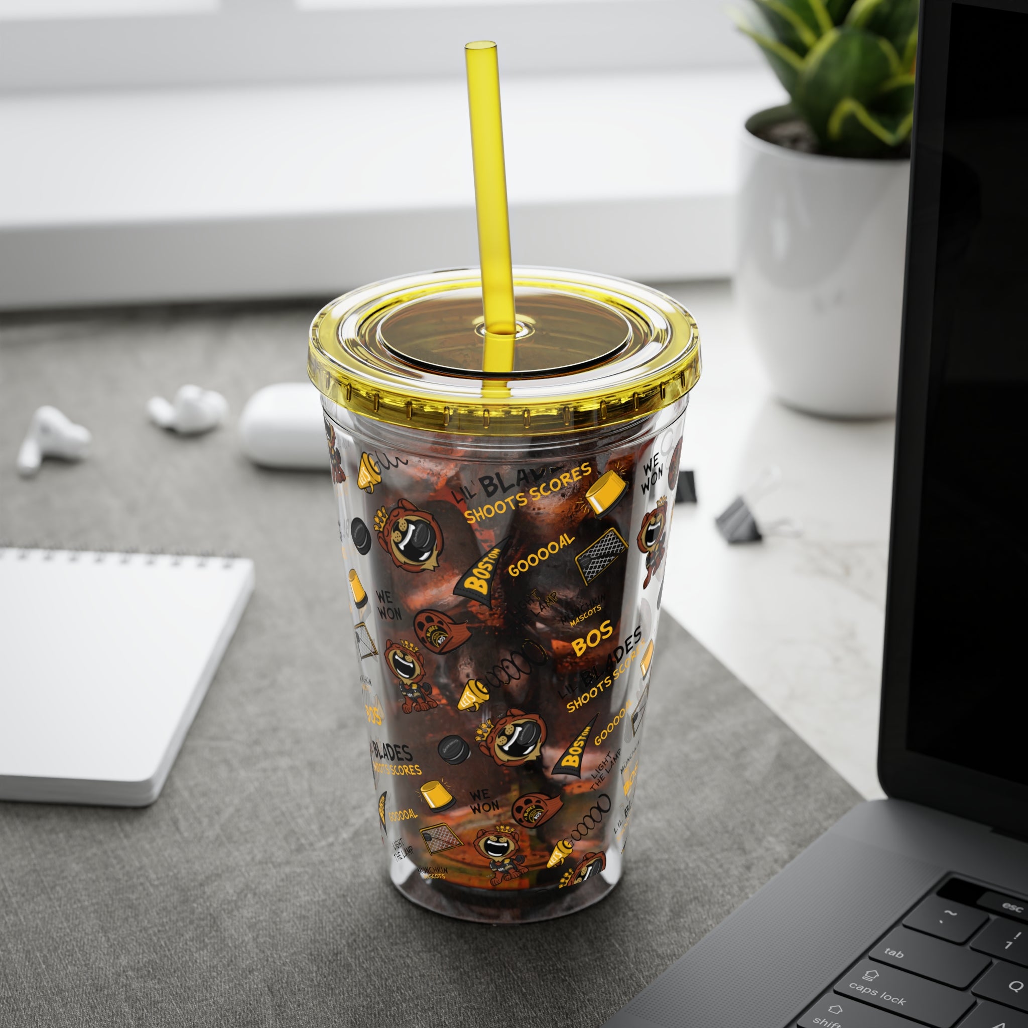 Boston Hockey Tumbler with Straw Lil' Blades Pattern | Hand-Drawn Art | Gifts for Kids