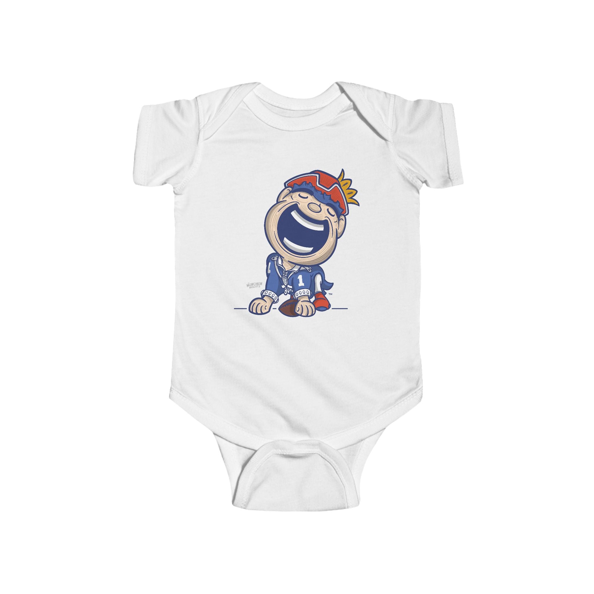 New England Football Newborn & Infant Lil' Pat 'Munchkin Mascot' Jersey Bodysuit | Hand-Drawn Art | Gifts for Newborns