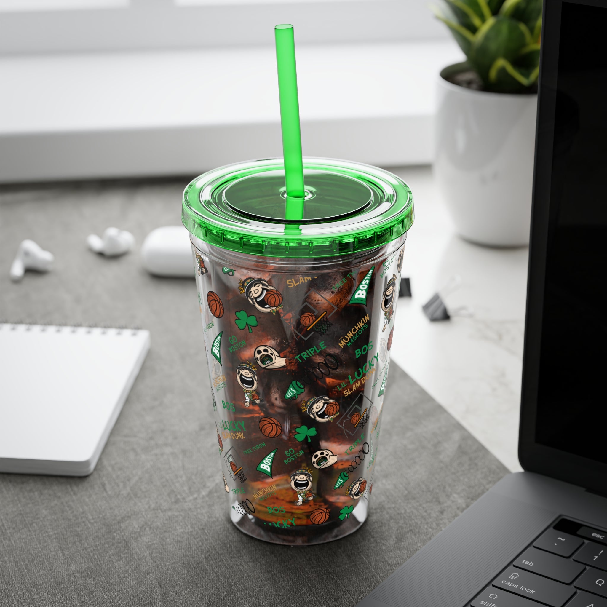 Boston Basketball Tumbler with Straw Lil' Lucky Pattern | Hand-Drawn Art | Gifts for Kids
