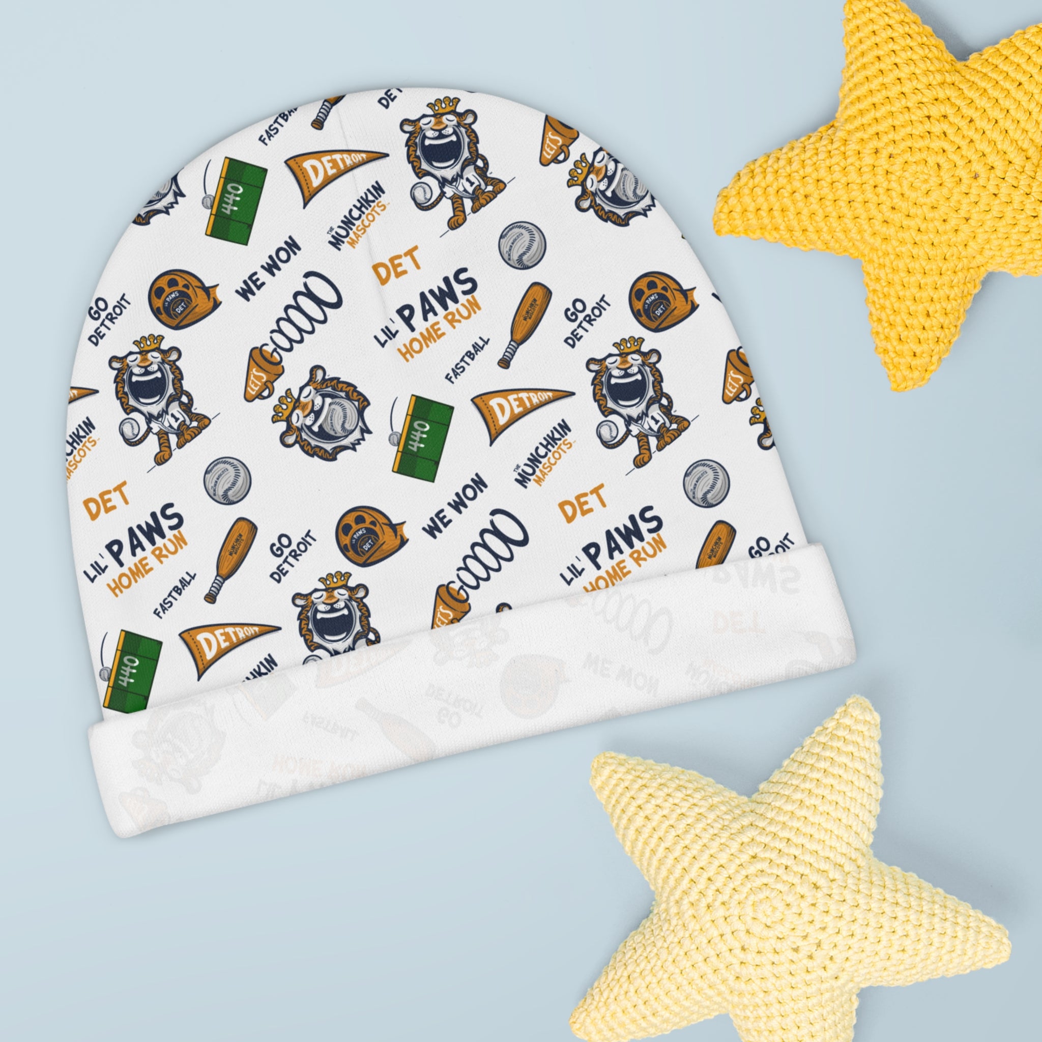 Detroit Baseball Baby Beanie Lil' Paws Pattern | Hand-Drawn Art | Gifts for Newborns