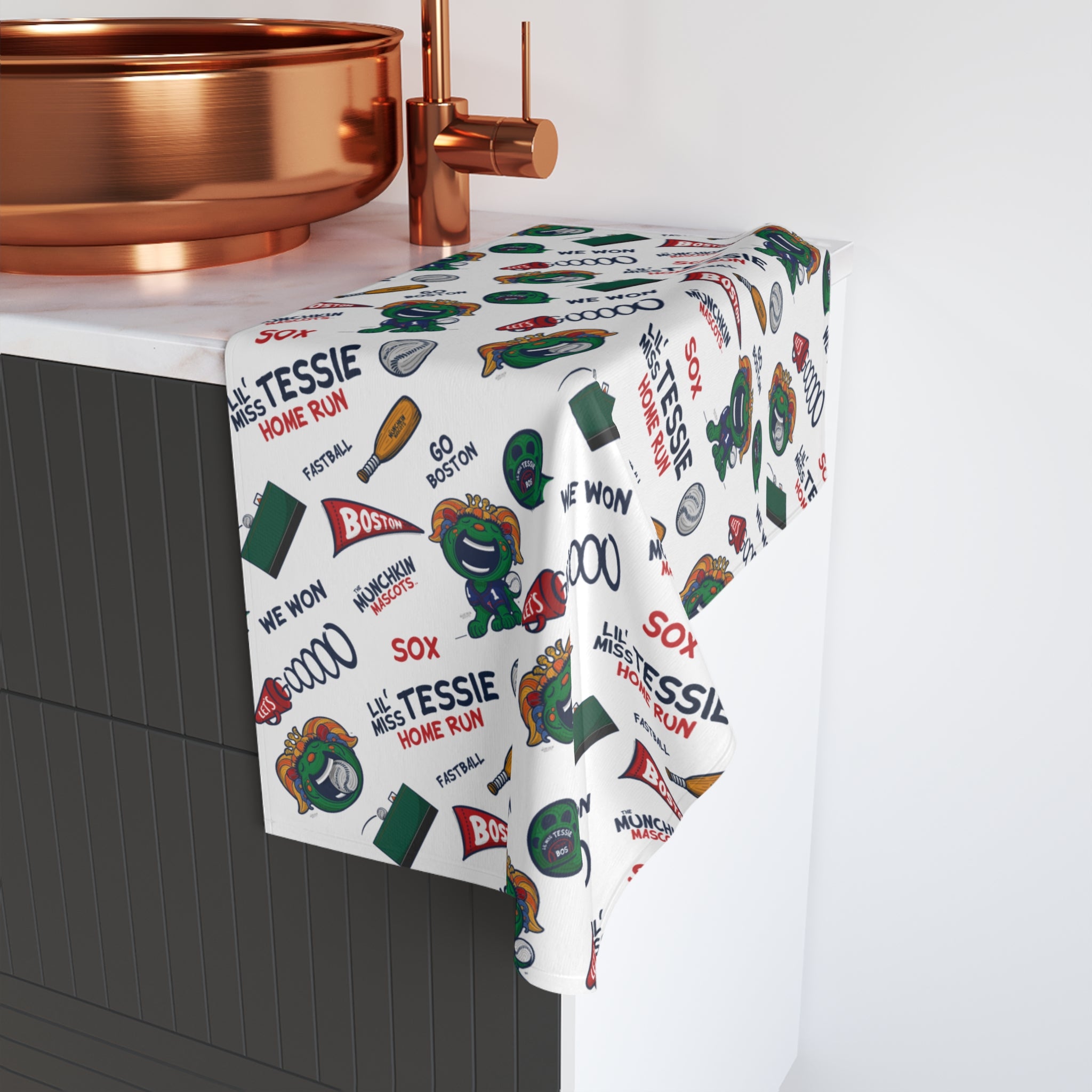 Boston Baseball Hand Towel Lil' Miss Tessie Pattern | Hand-Drawn Art | Gifts for Kids