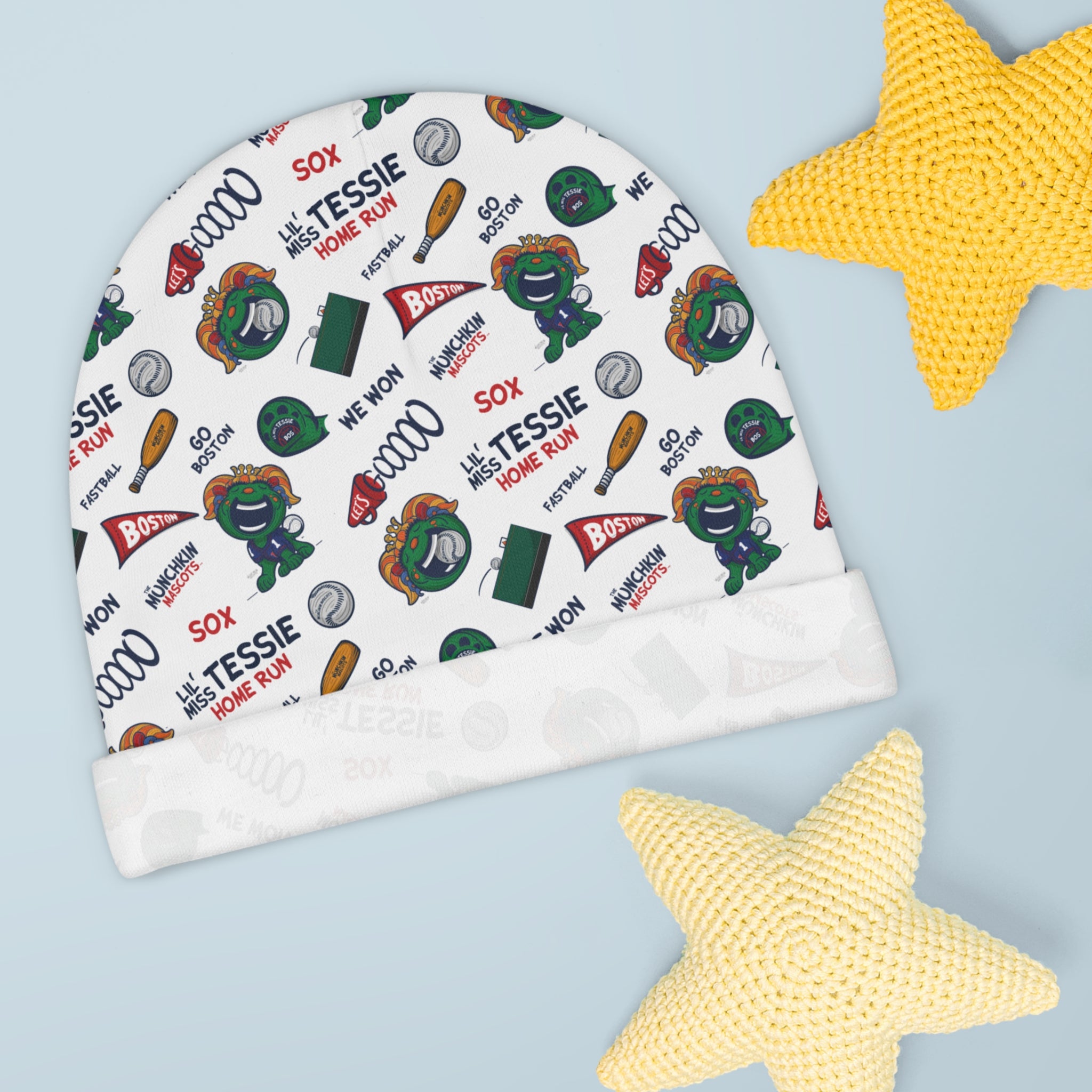 Boston Baseball Baby Beanie Lil' Miss Tessie Pattern | Hand-Drawn Art | Gifts for Newborns