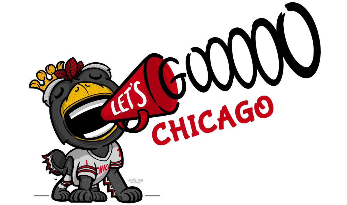 Lil' Tommy baby mascot cheering Let's Goooo Chicago through a megaphone