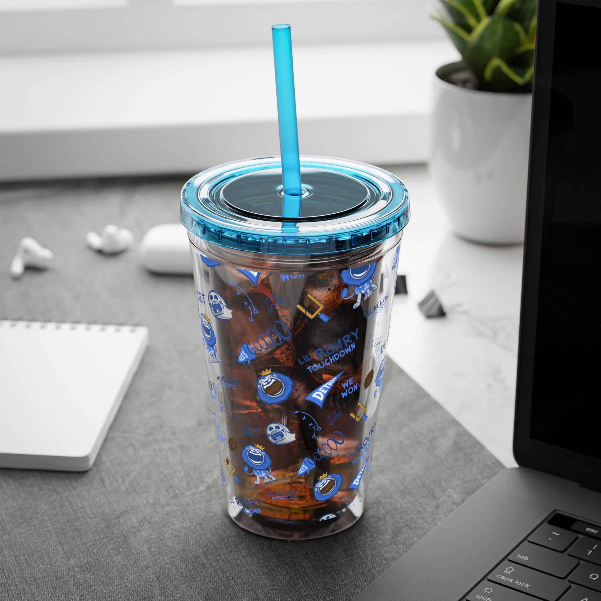 Detroit Football Tumbler with Straw Lil' Roary Pattern | Hand-Drawn Art | Gifts for Kids