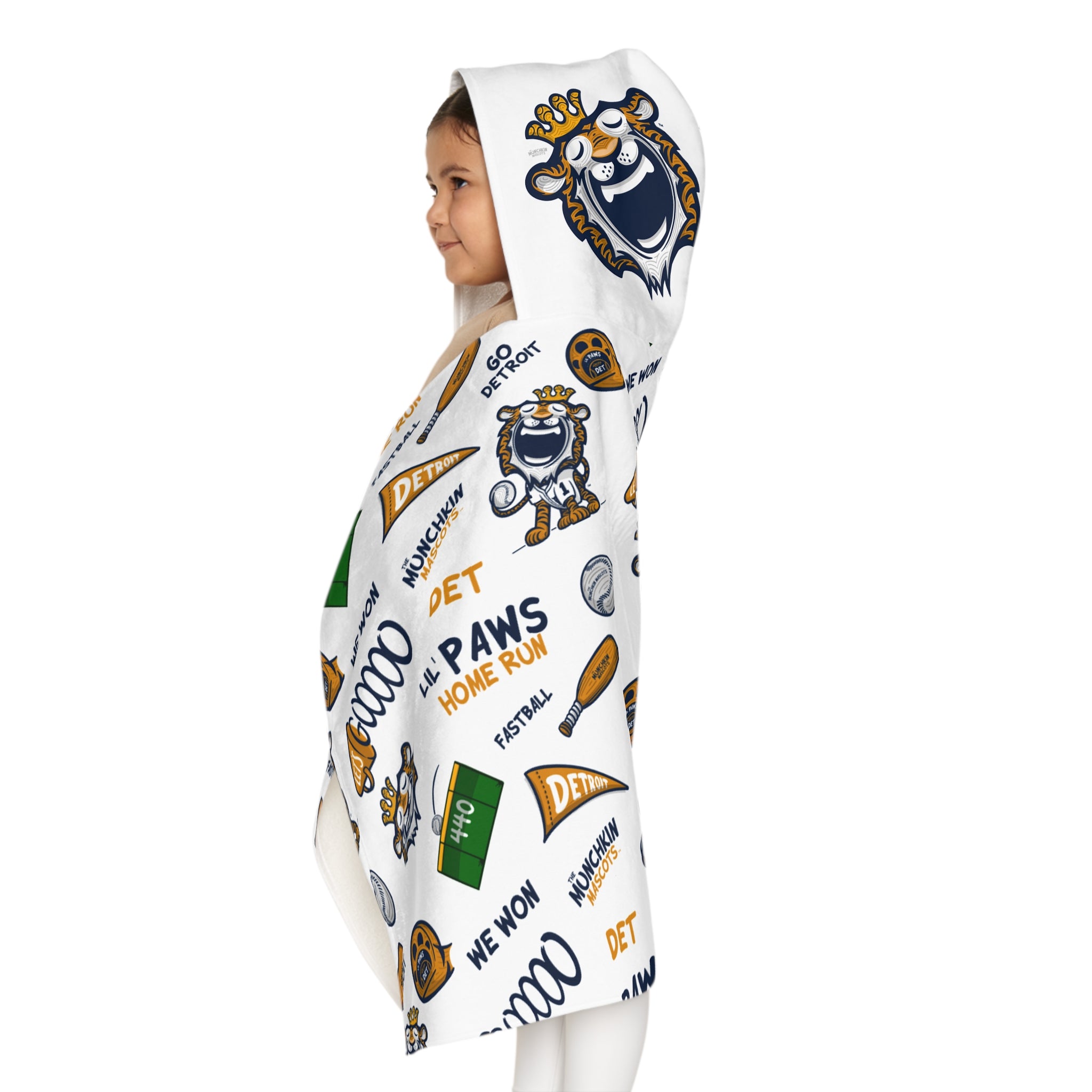 Detroit Baseball Hooded Towel Lil' Paws Pattern | Hand-Drawn Art | Gifts for Kids
