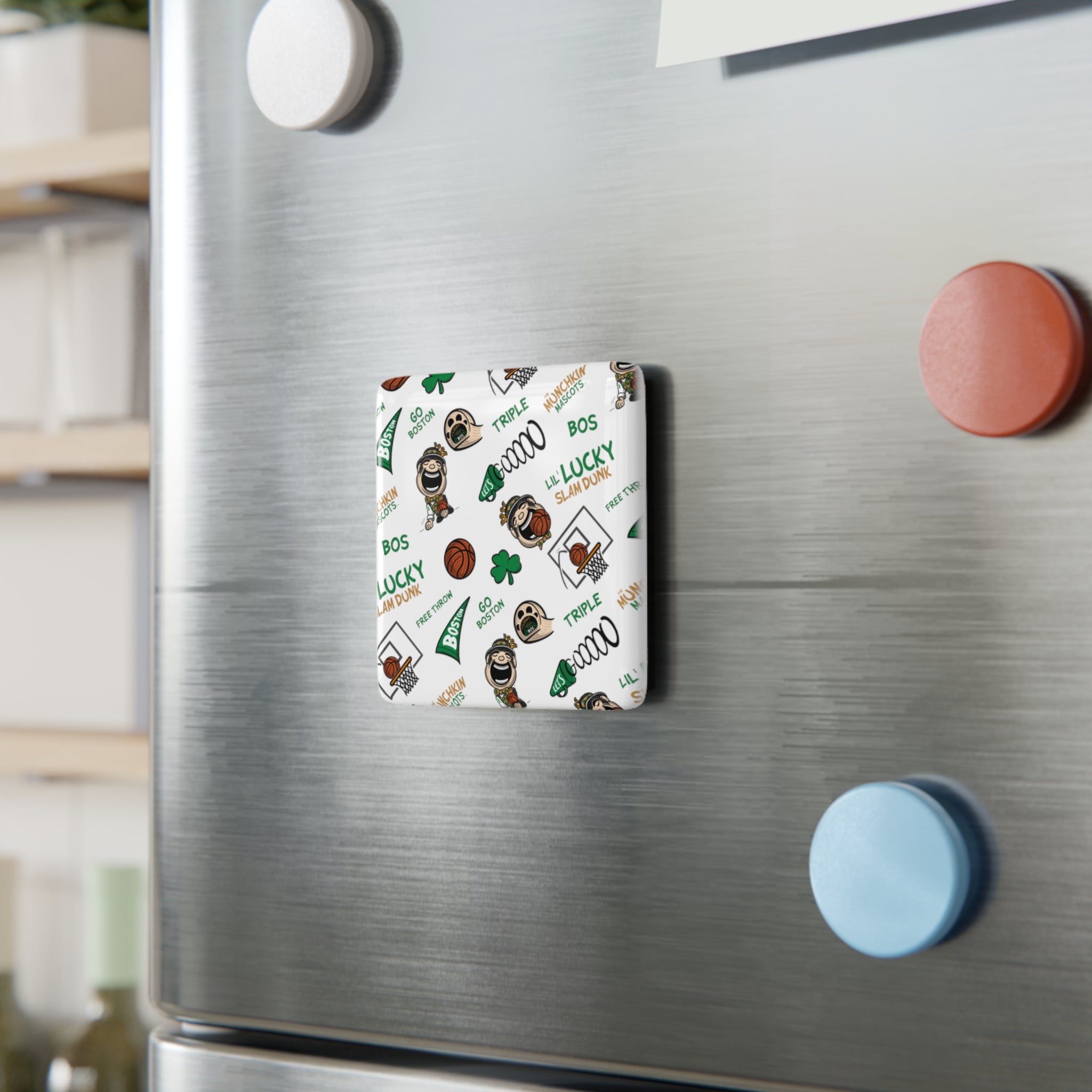 Porcelain Magnet, Square - Pattern - Lil' Lucky BOS Basketball