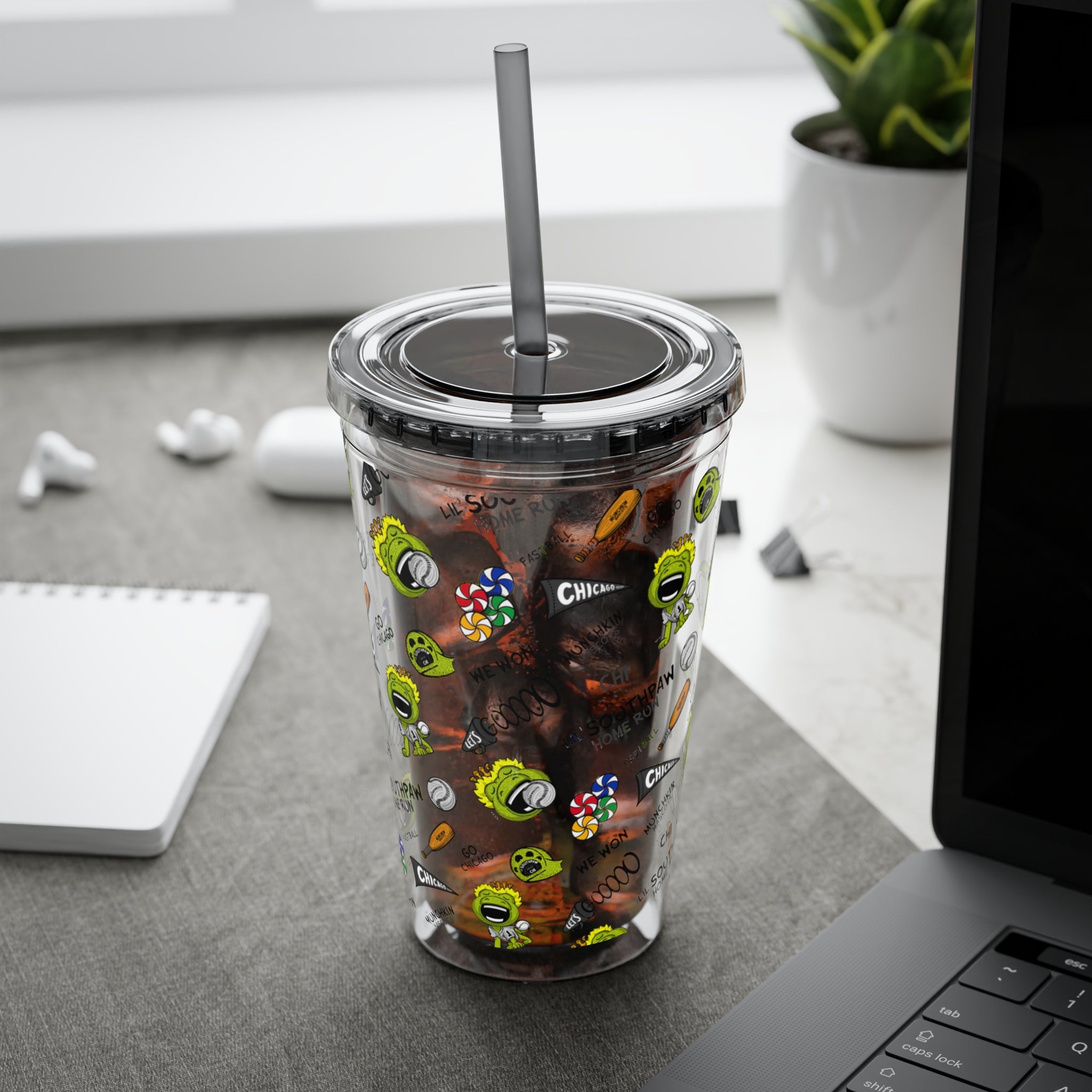 Chicago Baseball Tumbler with Straw Lil' Southpaw Pattern | Hand-Drawn Art | Gifts for Kids