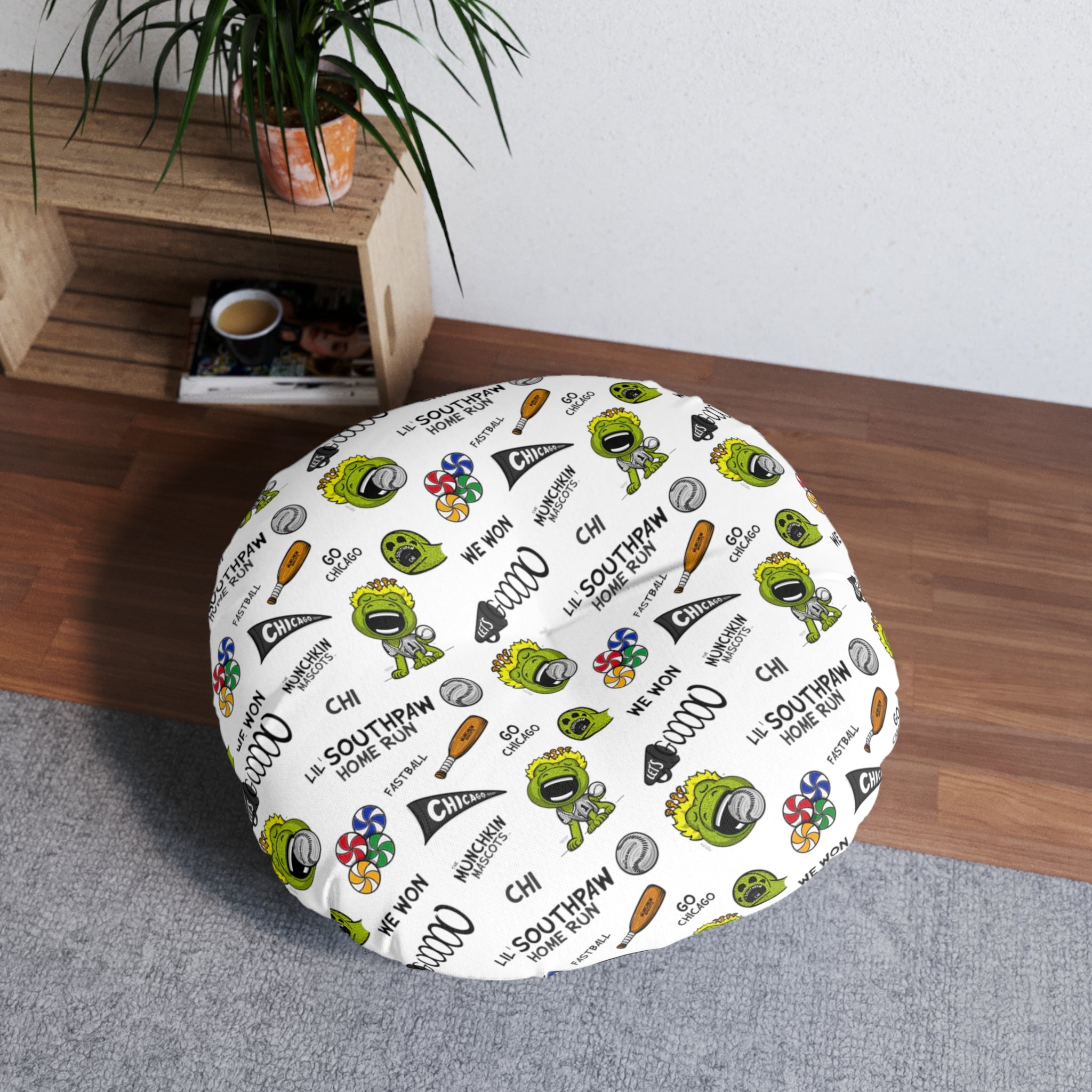 Tufted Floor Pillow, Round - Pattern + Cutest Fan - Lil' Southpaw CHI Baseball