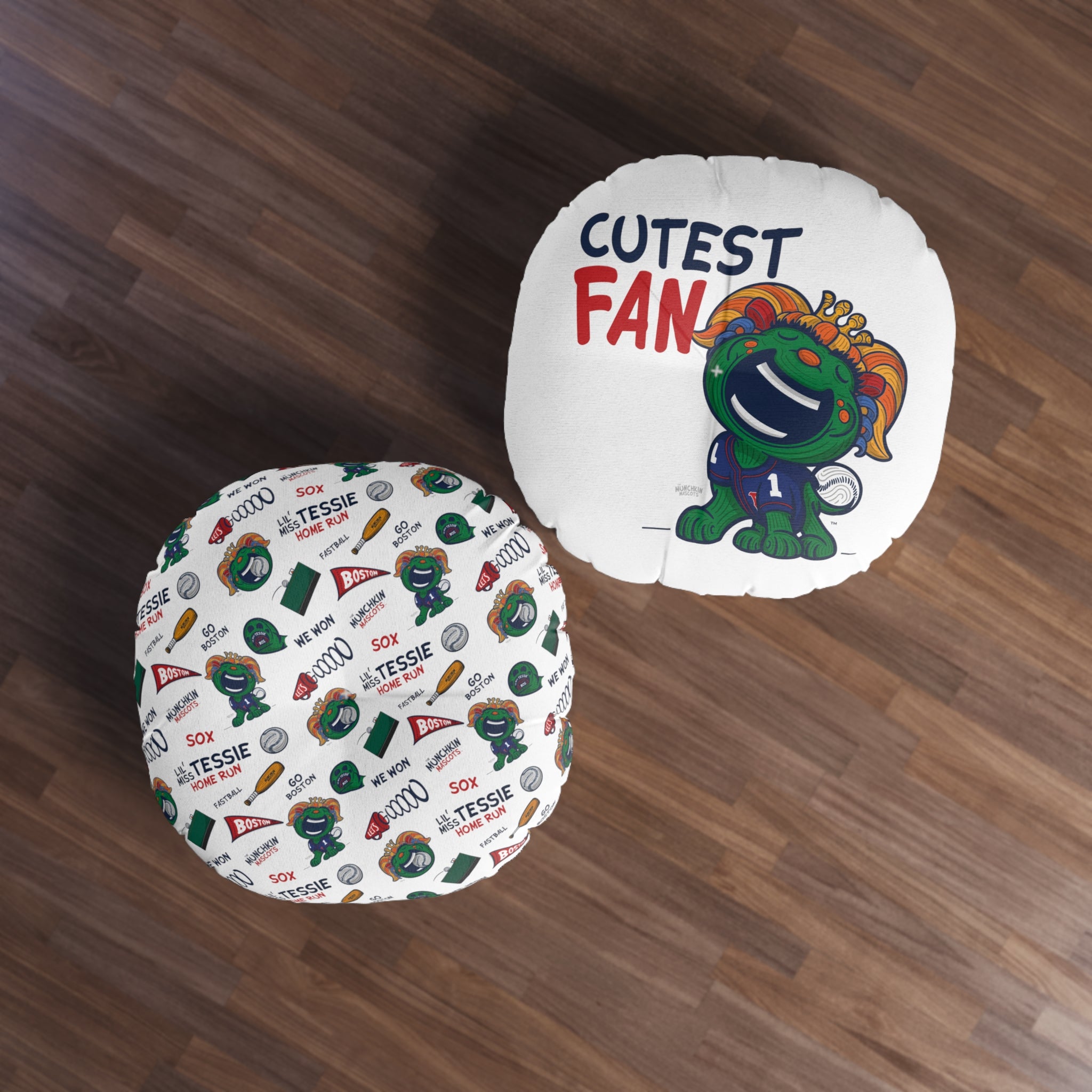 Tufted Floor Pillow, Round - Pattern + Cutest Fan - Lil' Miss Tessie BOS Baseball