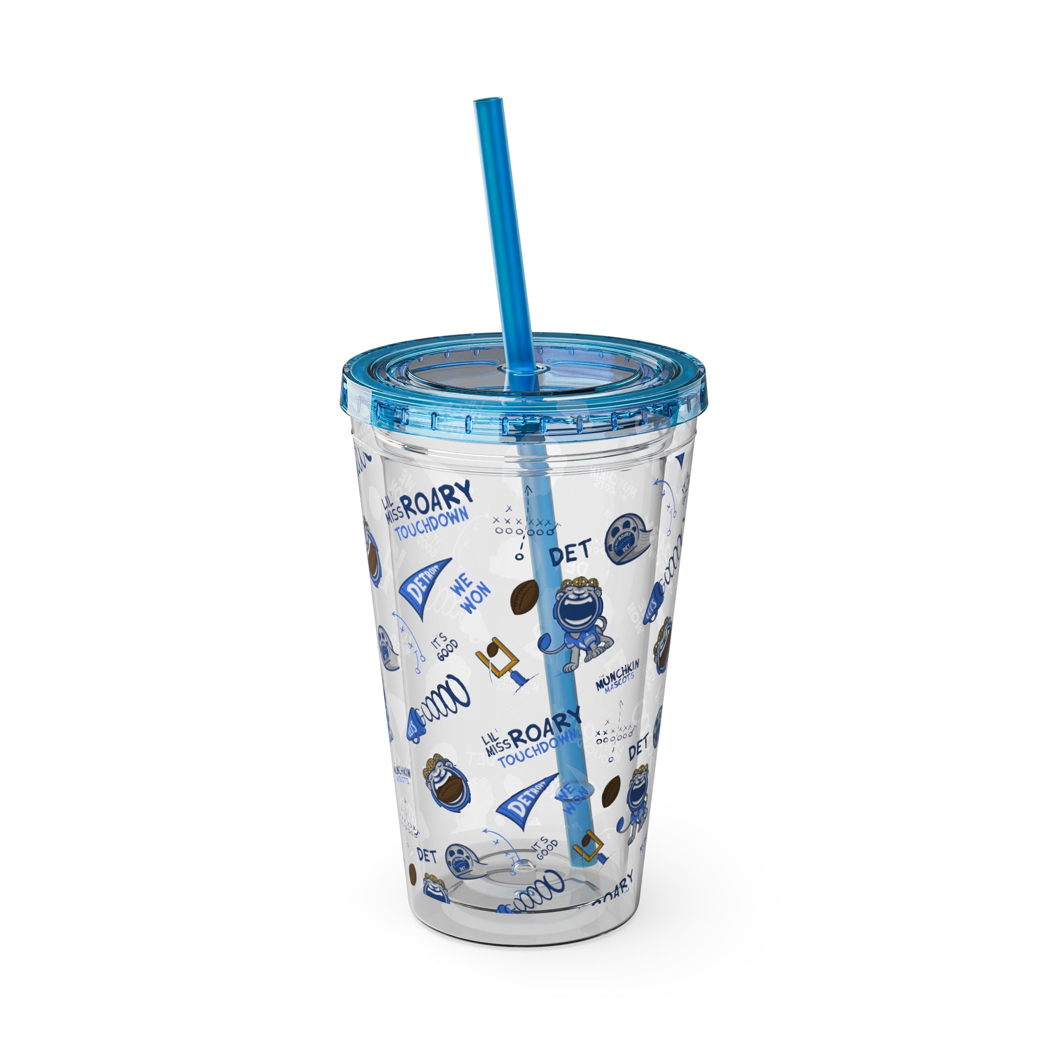 Detroit Football Tumbler with Straw Lil' Miss Roary Pattern | Hand-Drawn Art | Gifts for Kids