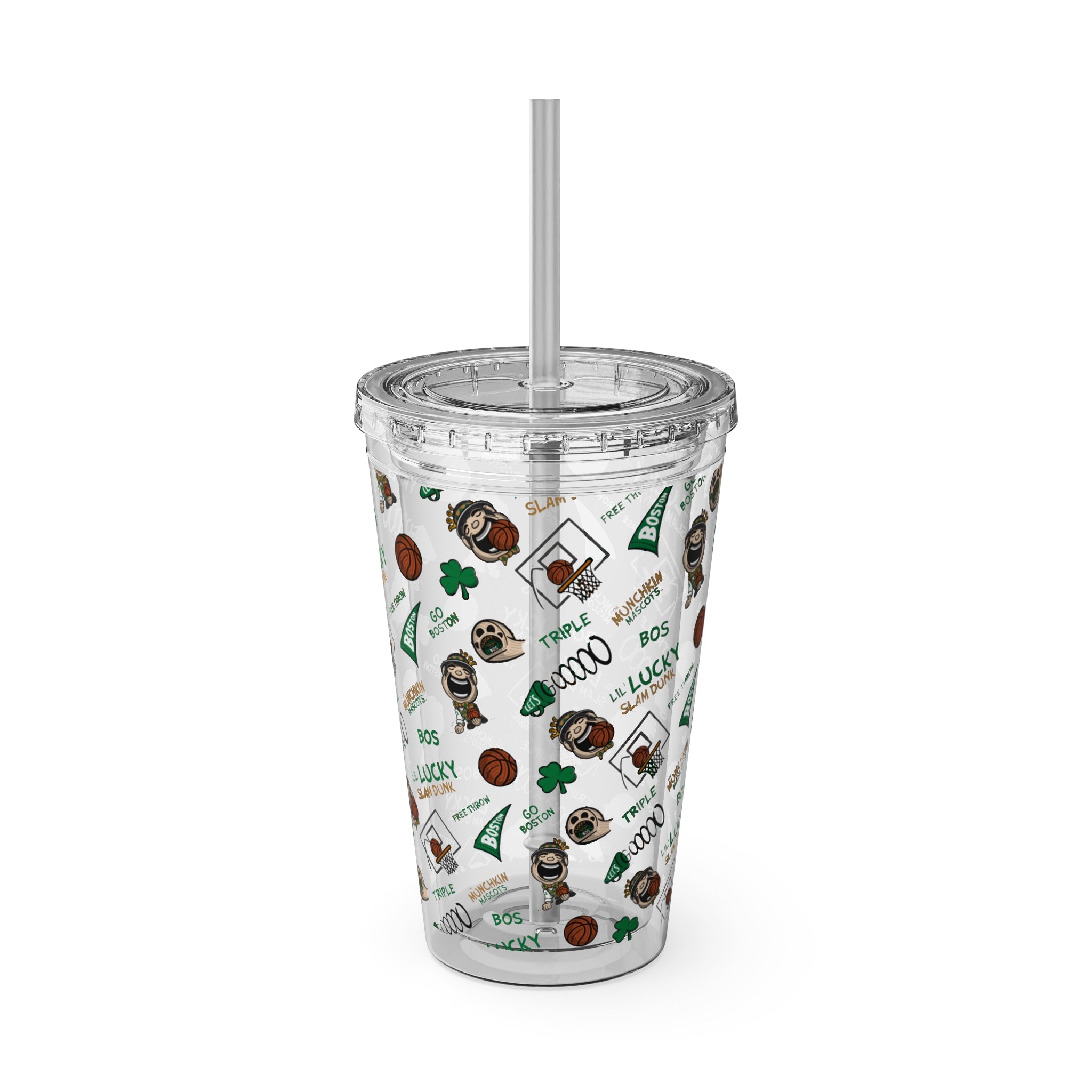 Sunsplash Tumbler with Straw, 16oz - Pattern - Lil' Lucky BOS Basketball