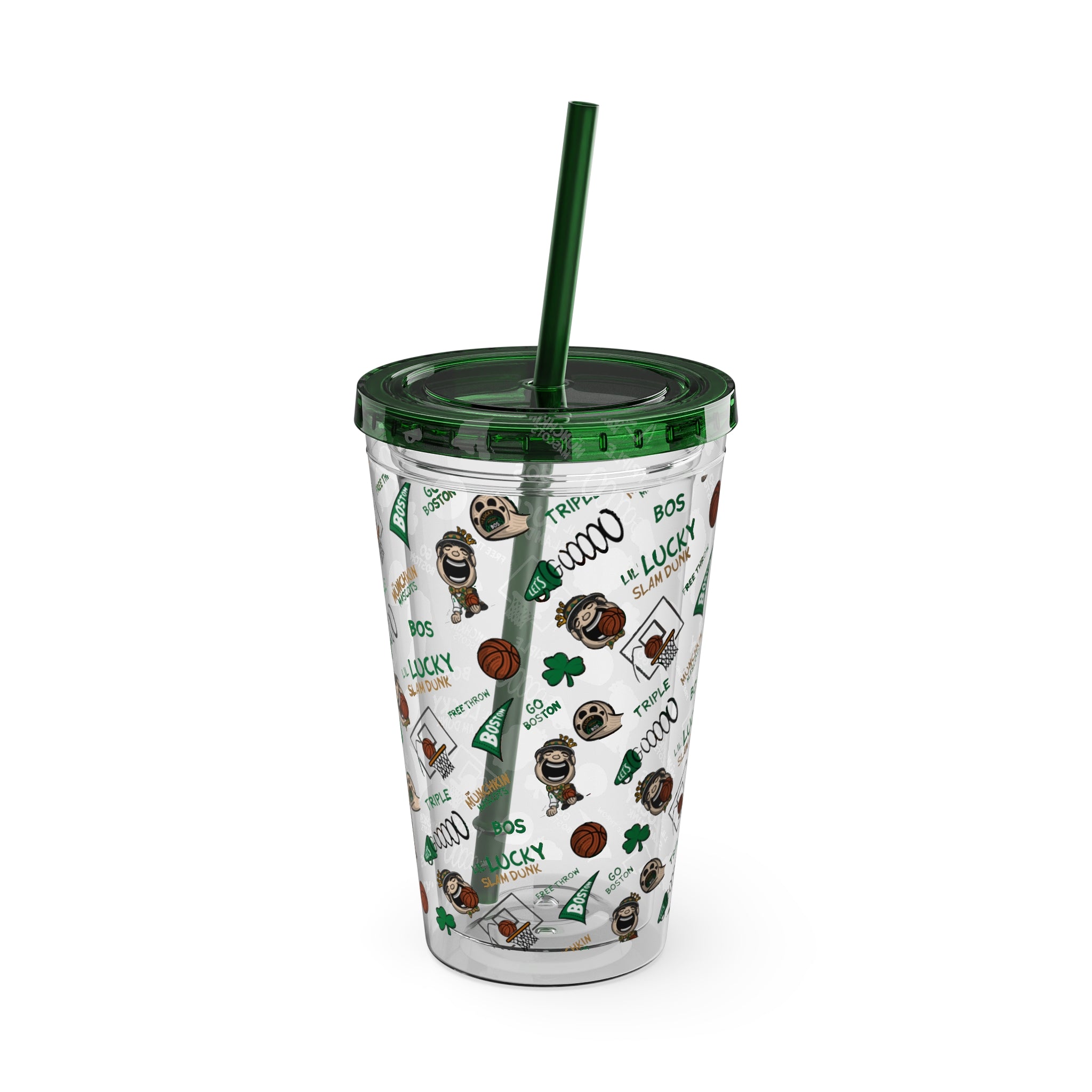 Sunsplash Tumbler with Straw, 16oz - Pattern - Lil' Lucky BOS Basketball