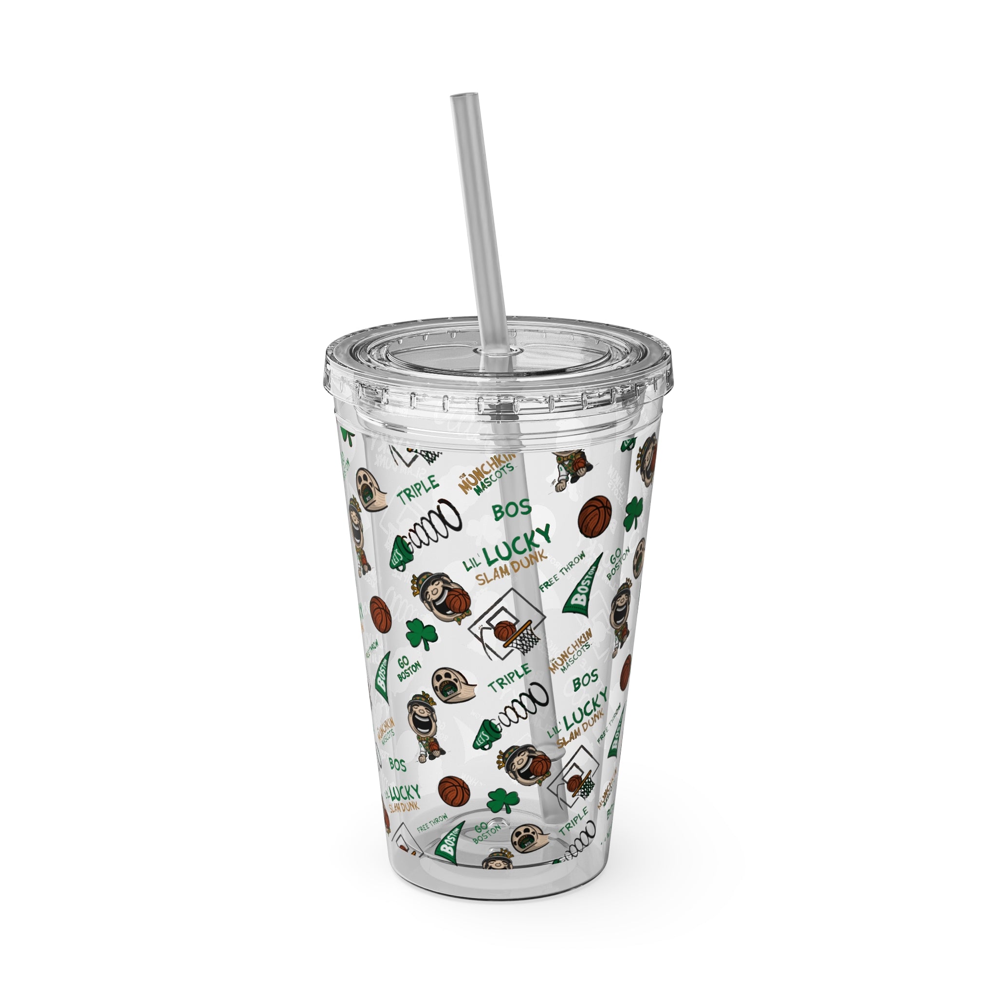 Sunsplash Tumbler with Straw, 16oz - Pattern - Lil' Lucky BOS Basketball