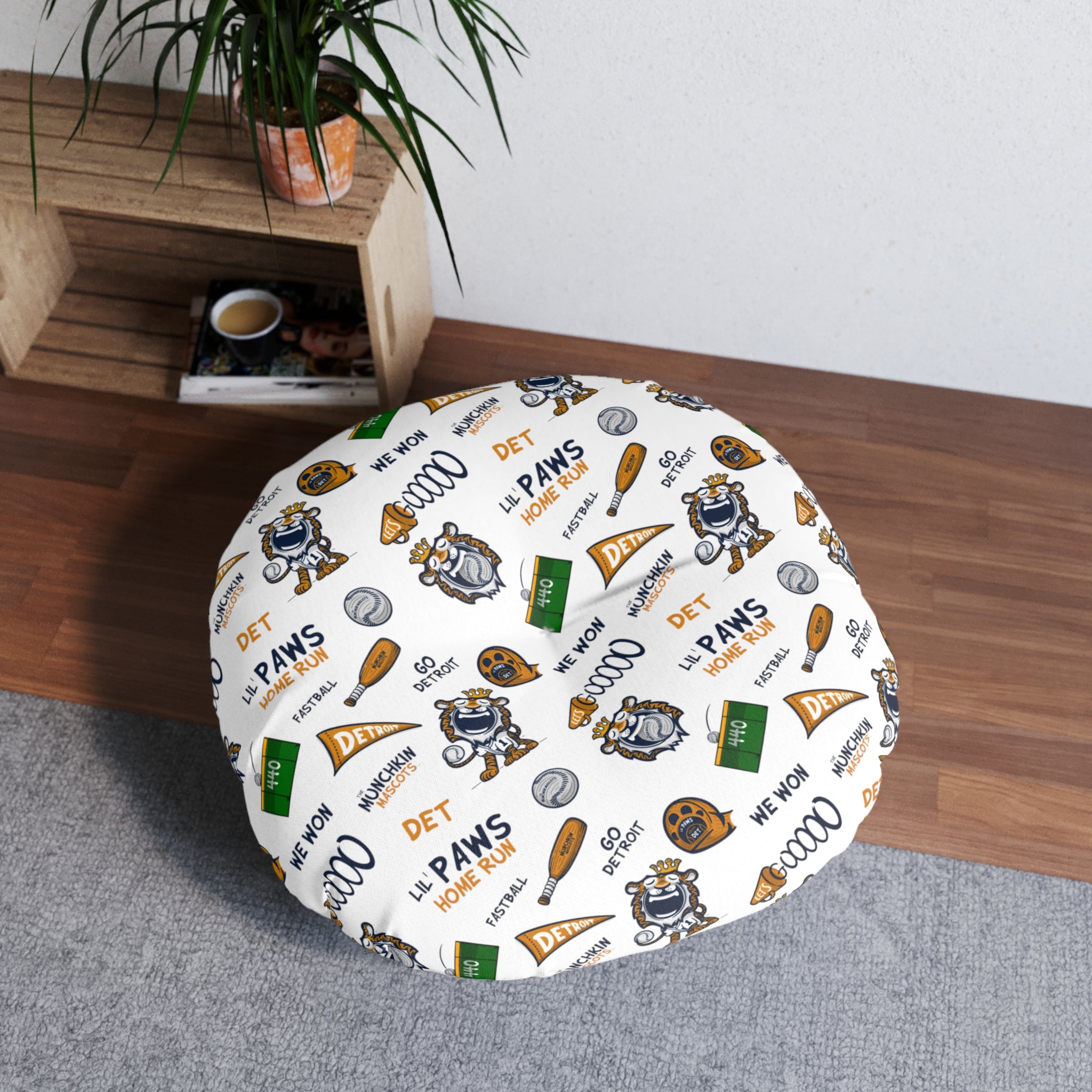 Tufted Floor Pillow, Round - Pattern + Cutest Fan - Lil' Paws DET Baseball