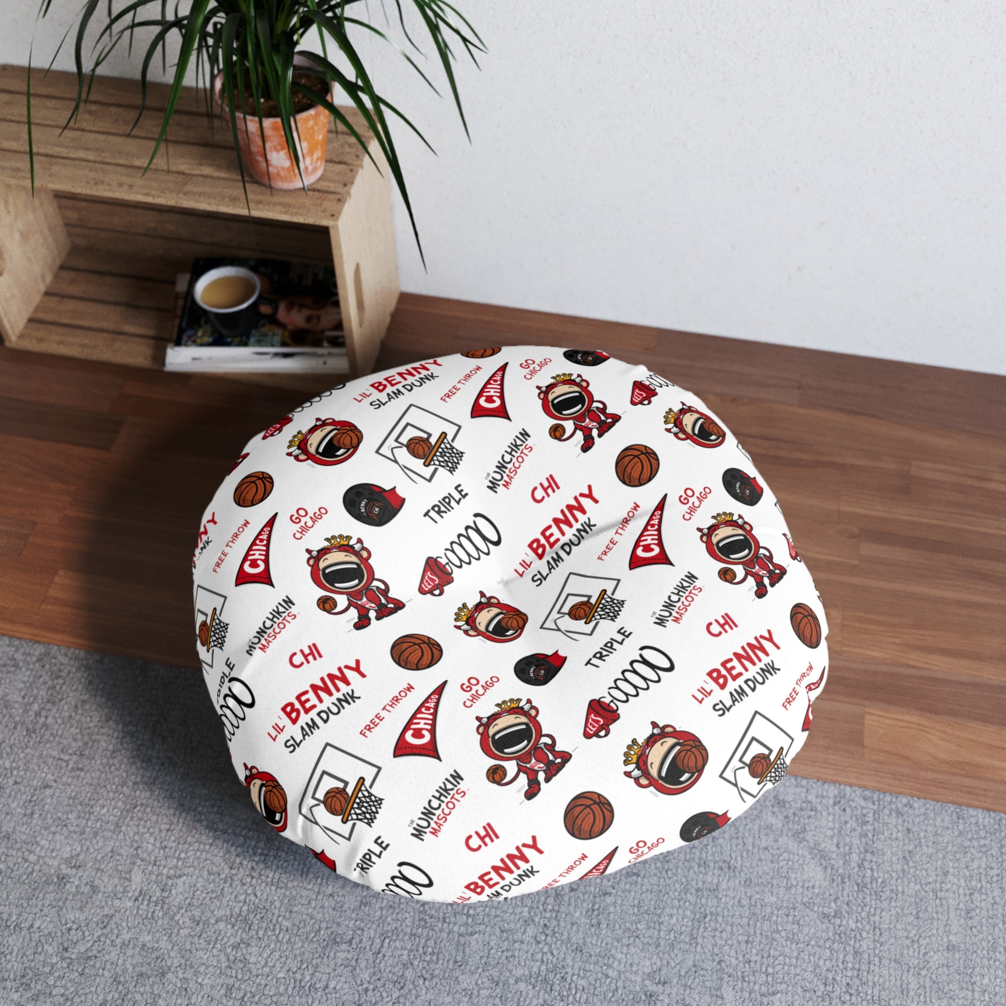 Tufted Floor Pillow, Round - Pattern + Cutest Fan - Lil' Benny CHI Basketball