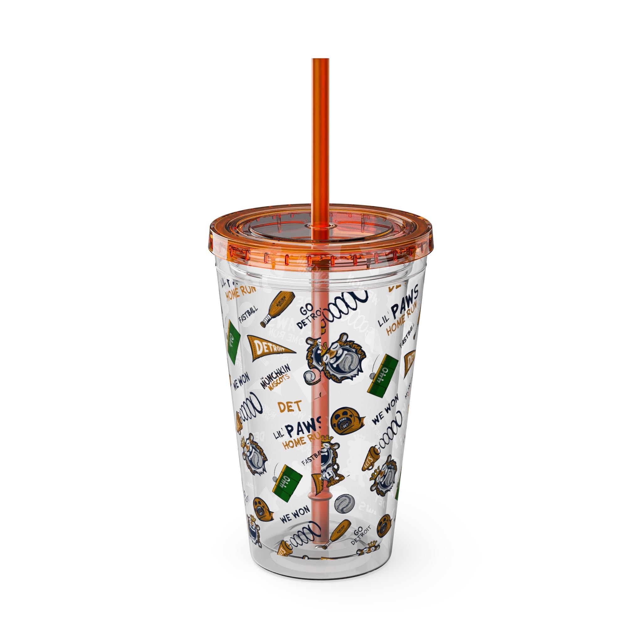 Detroit Baseball Tumbler with Straw Lil' Paws Pattern | Hand-Drawn Art | Gifts for Kids