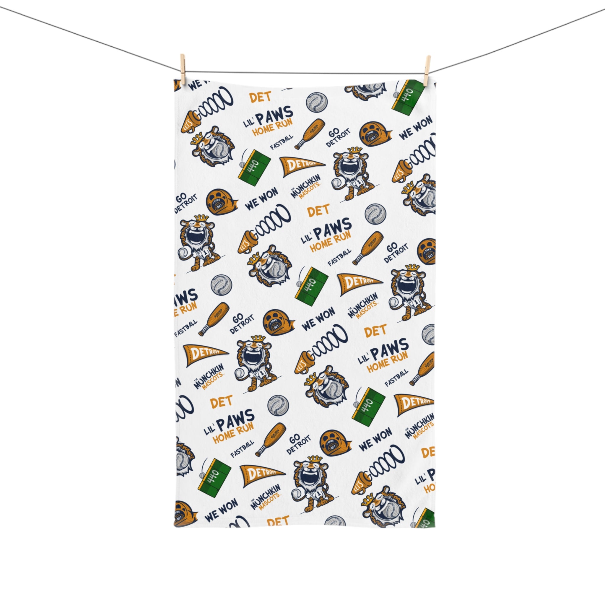 Detroit Baseball Hand Towel Lil' Paws Pattern | Hand-Drawn Art | Gifts for Kids