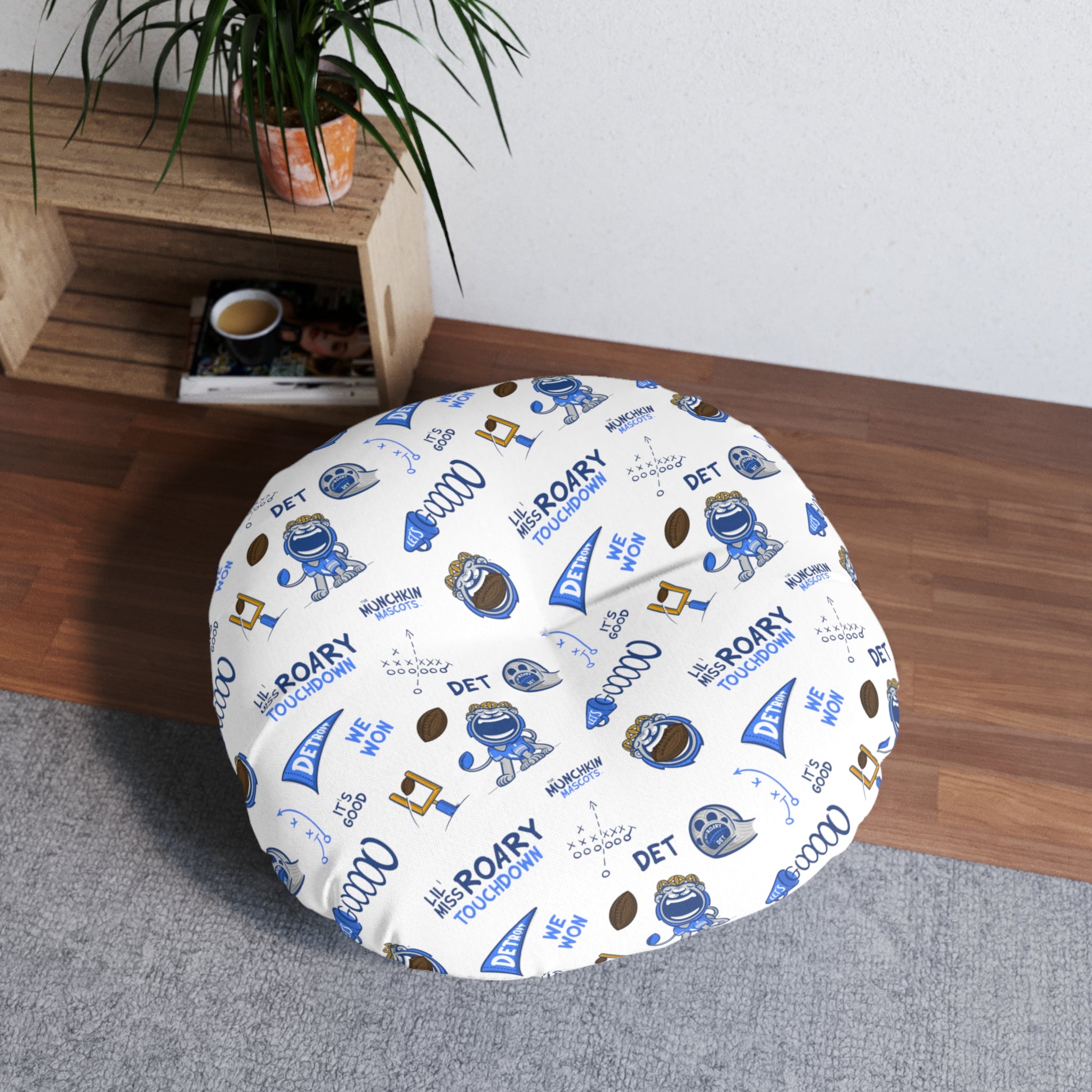 Tufted Floor Pillow, Round - Pattern + Cutest Fan - Lil' Miss Roary DET Football