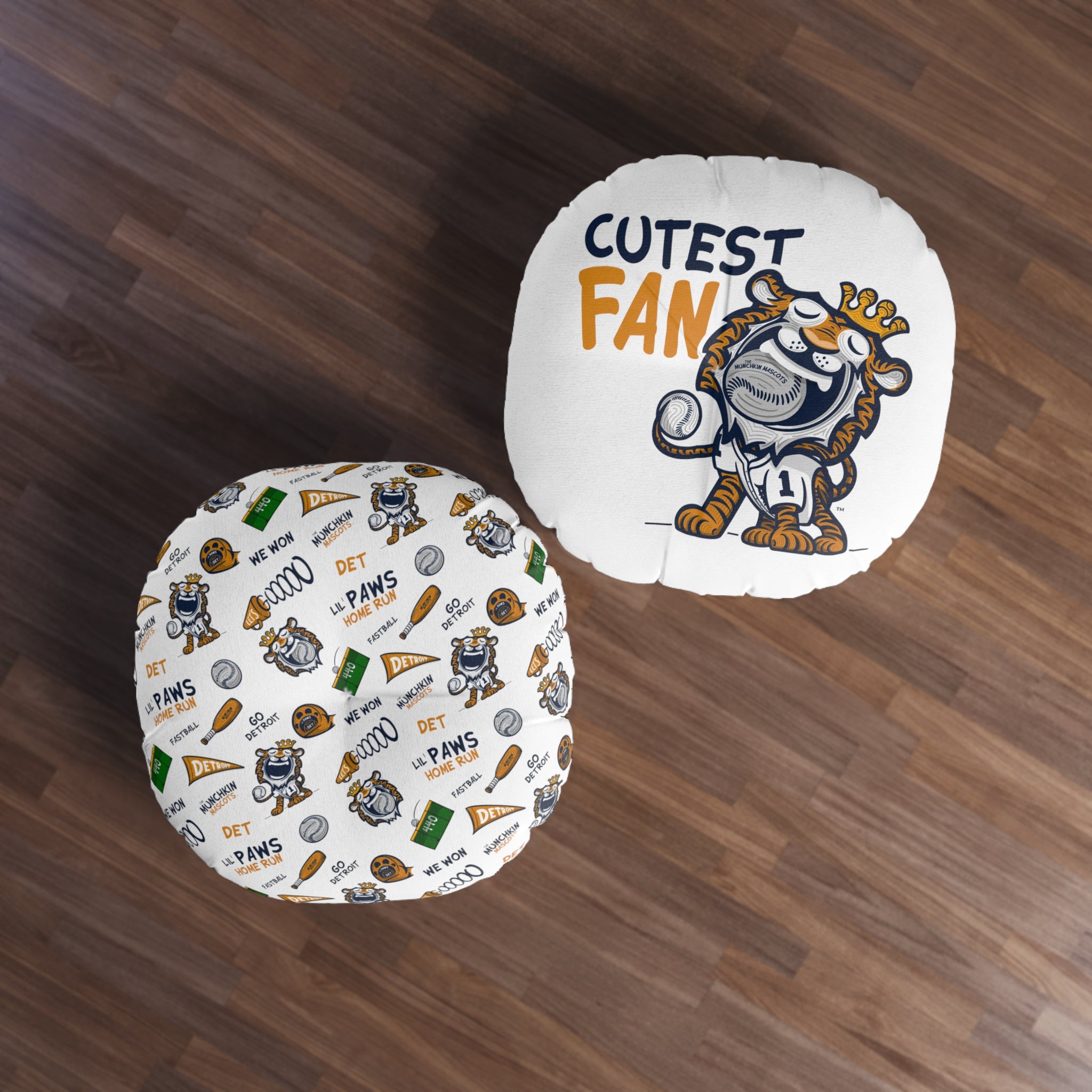 Tufted Floor Pillow, Round - Pattern + Cutest Fan - Lil' Paws DET Baseball