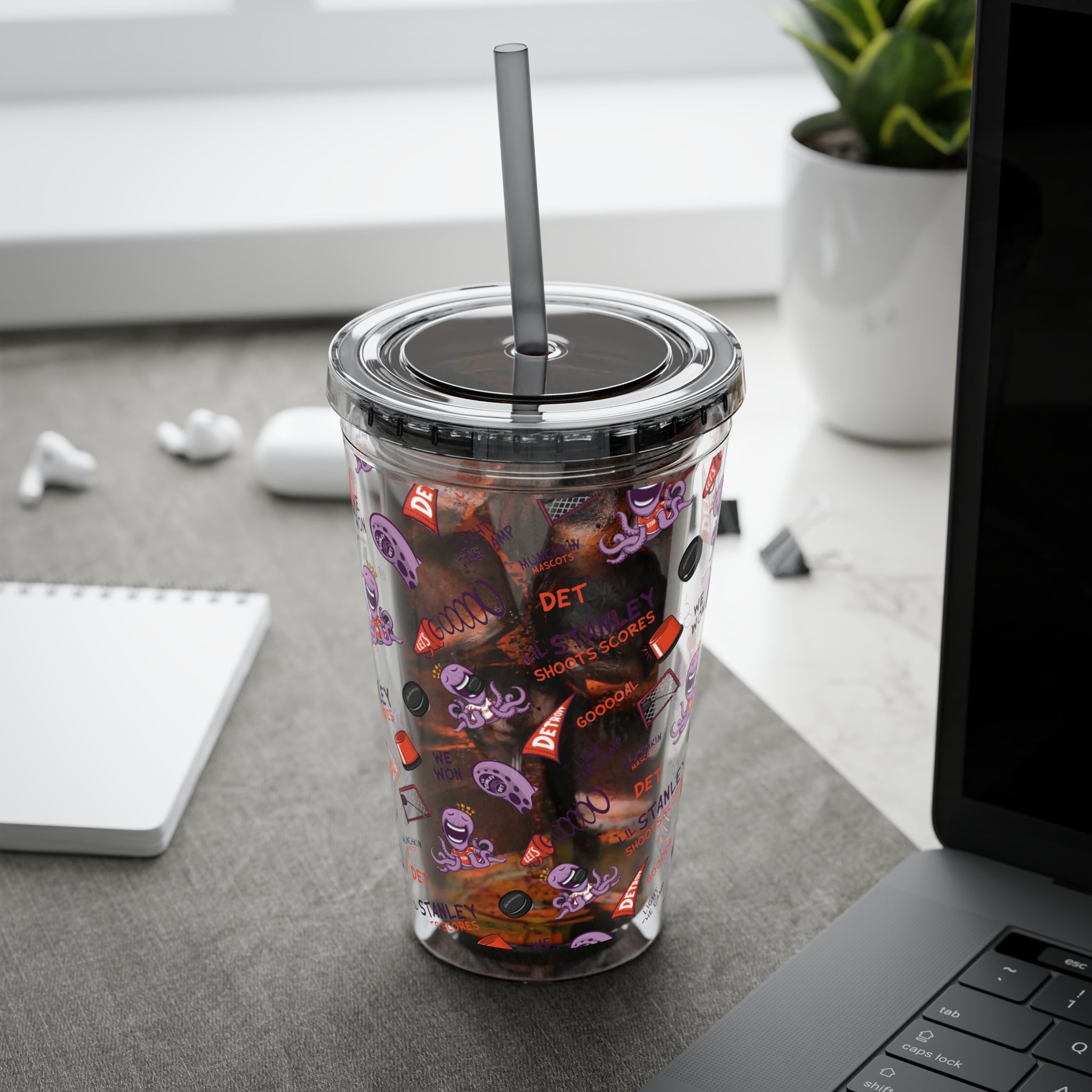 Detroit Hockey Tumbler with Straw Lil' Stanley Pattern | Hand-Drawn Art | Gifts for Kids