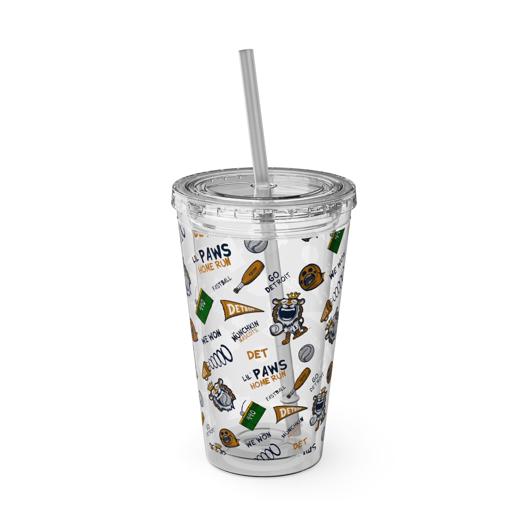 Sunsplash Tumbler with Straw, 16oz - Pattern - Lil' Paws DET Baseball