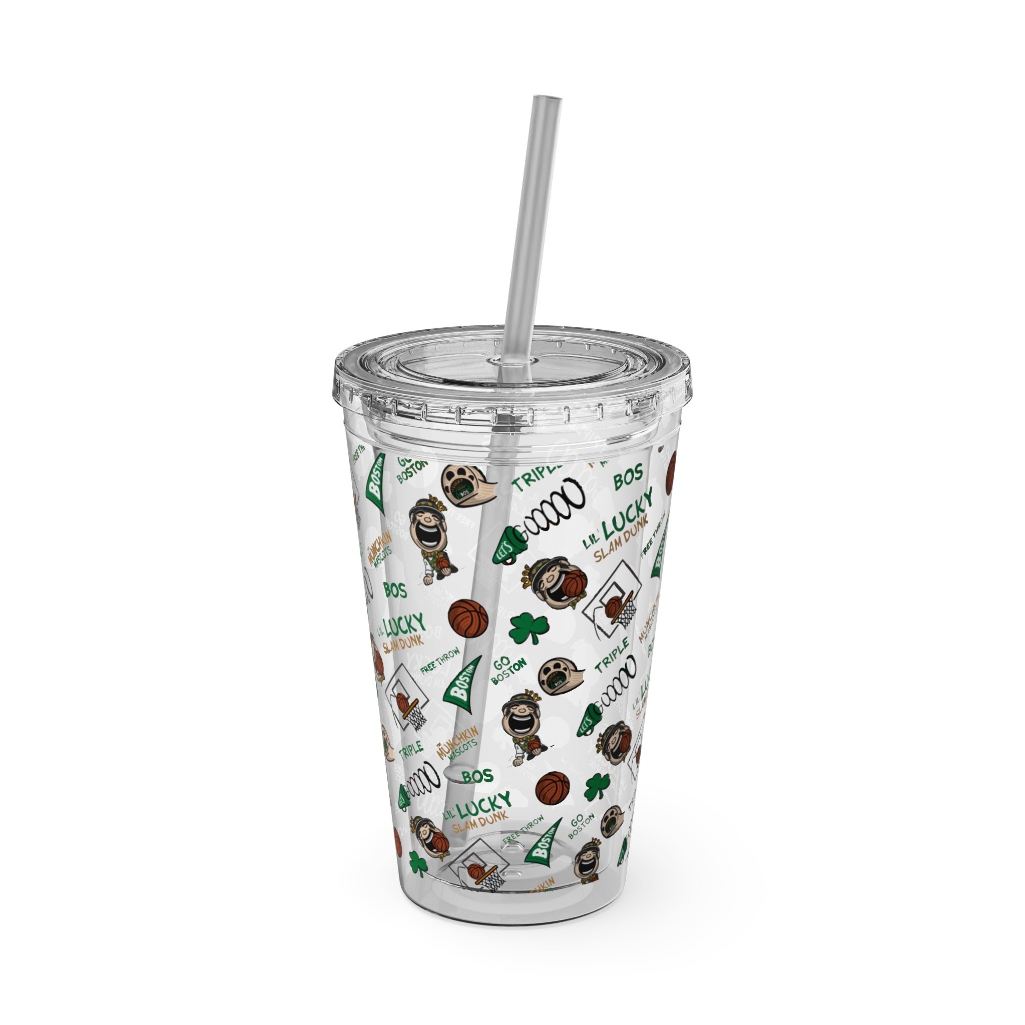 Sunsplash Tumbler with Straw, 16oz - Pattern - Lil' Lucky BOS Basketball