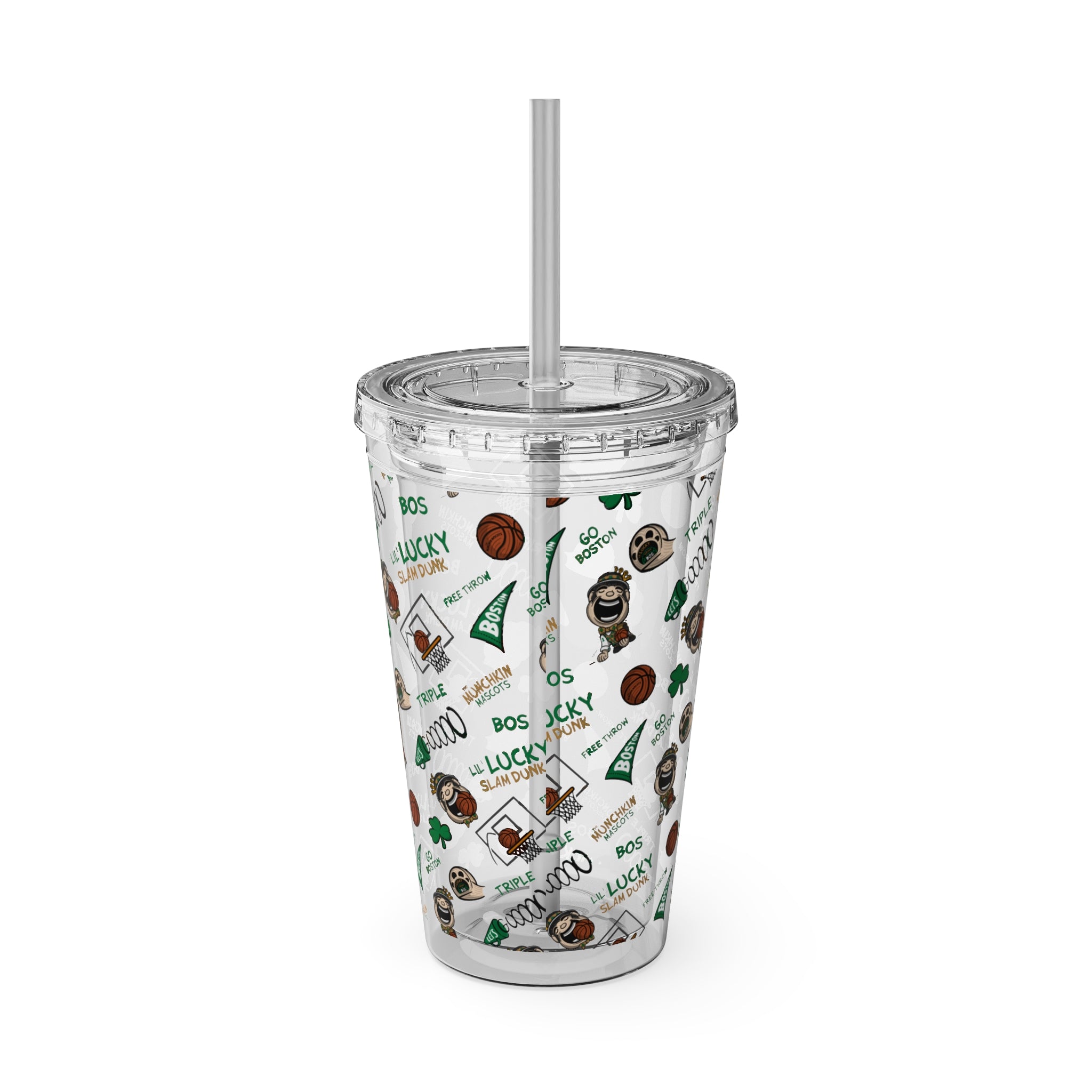 Sunsplash Tumbler with Straw, 16oz - Pattern - Lil' Lucky BOS Basketball