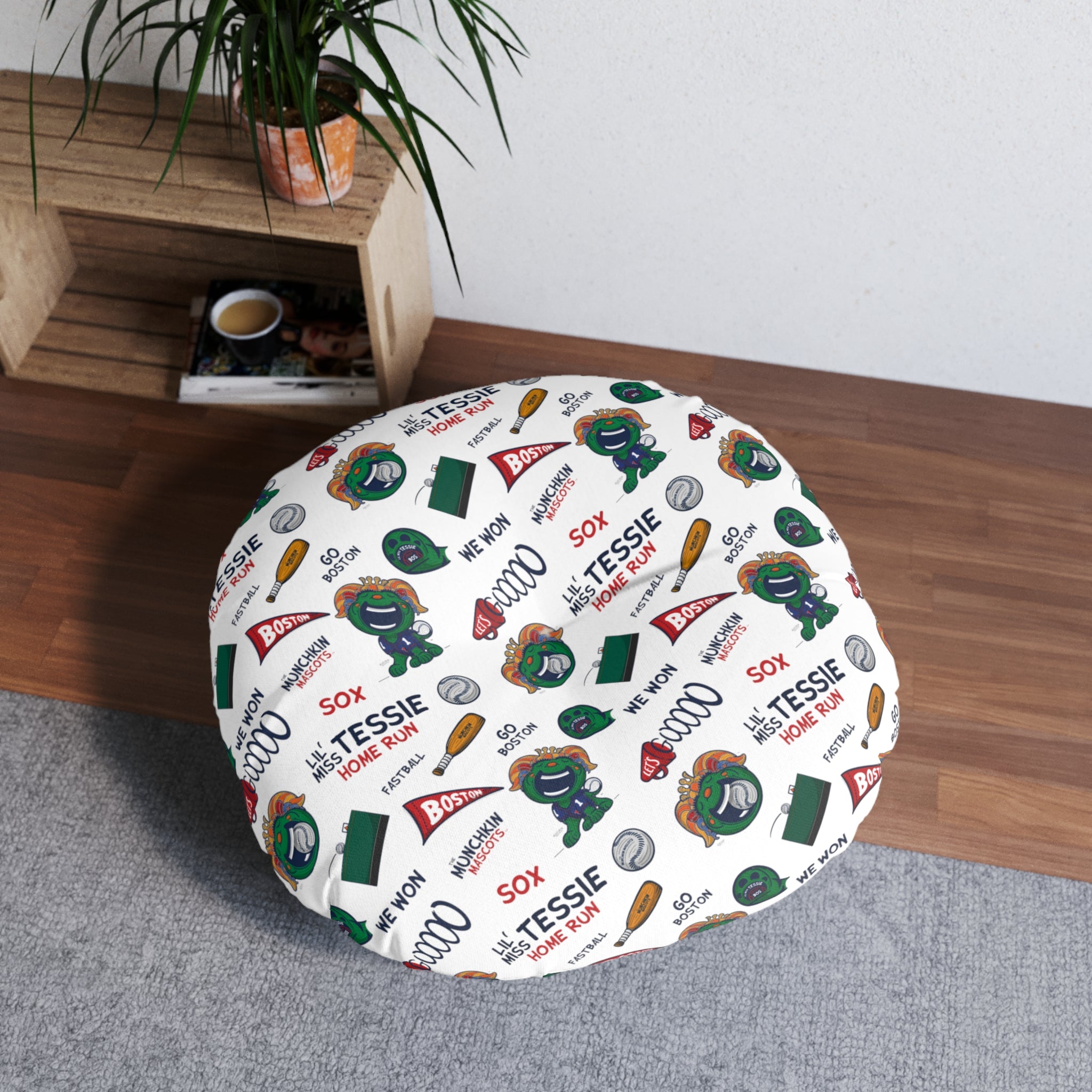 Tufted Floor Pillow, Round - Pattern + Cutest Fan - Lil' Miss Tessie BOS Baseball