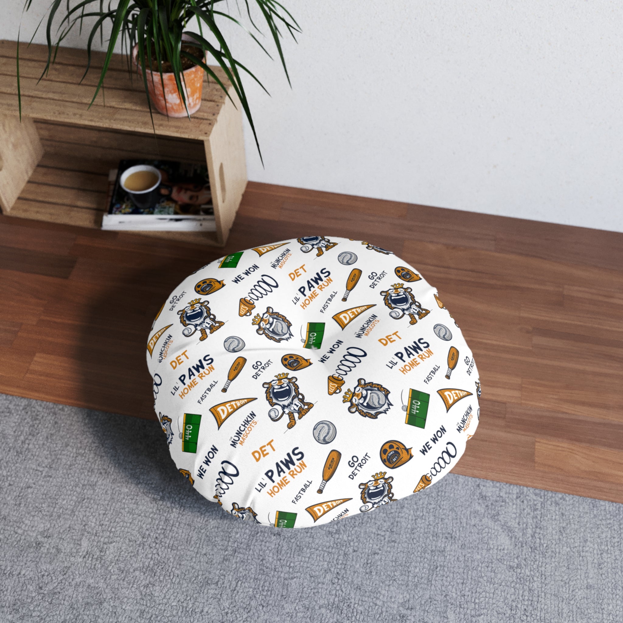 Tufted Floor Pillow, Round - Pattern + Cutest Fan - Lil' Paws DET Baseball