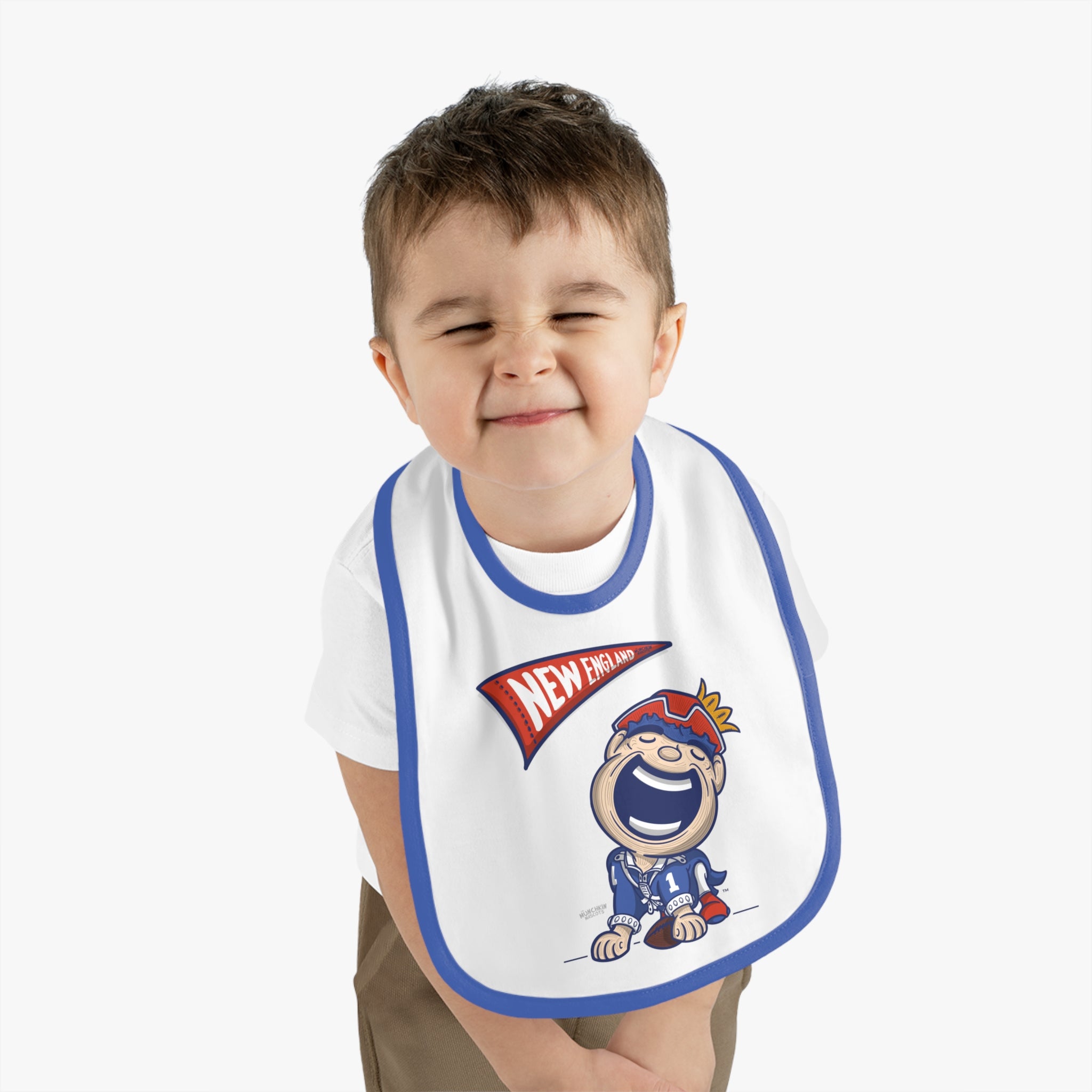 New England Football Baby Bib & Infant Lil' Pat Themed | Hand-Drawn Art | Gifts for Newborns