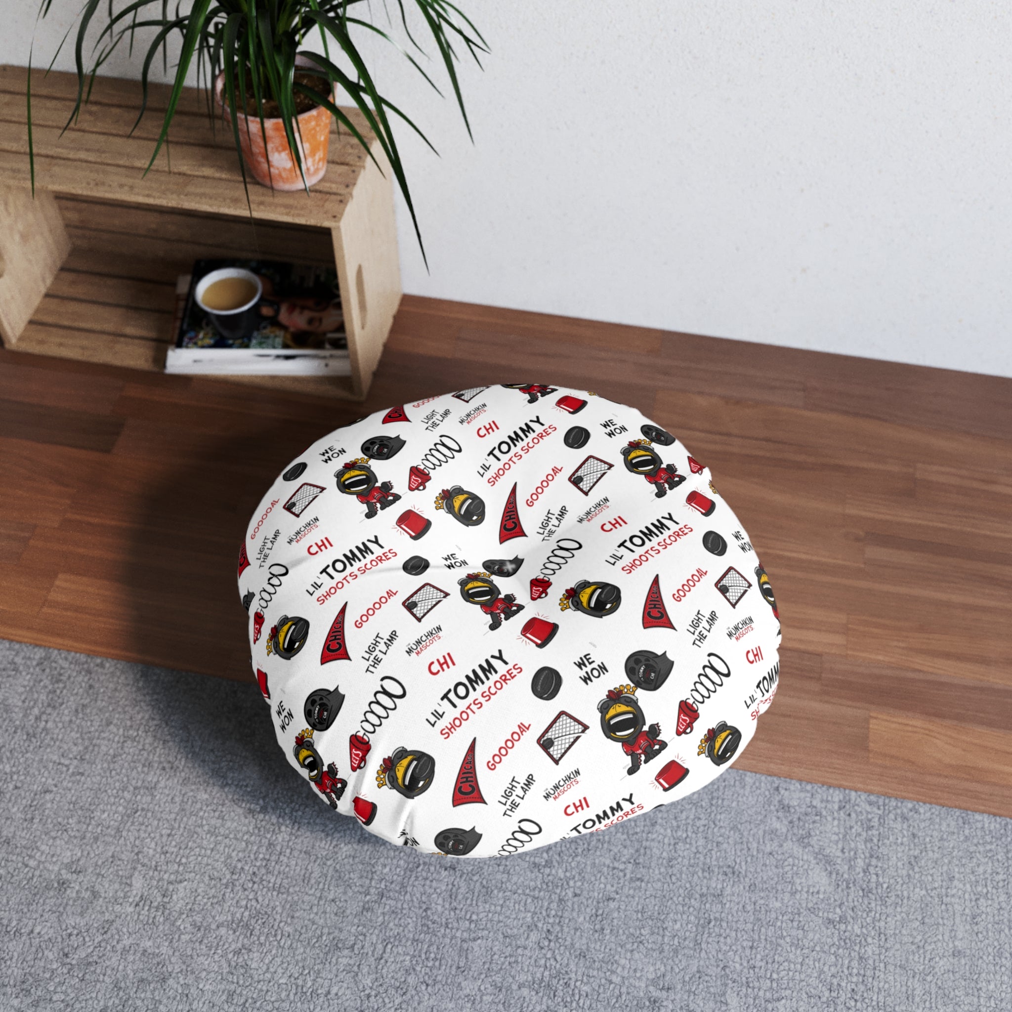 Tufted Floor Pillow, Round - Pattern + Cutest Fan - Lil' Tommy CHI Hockey