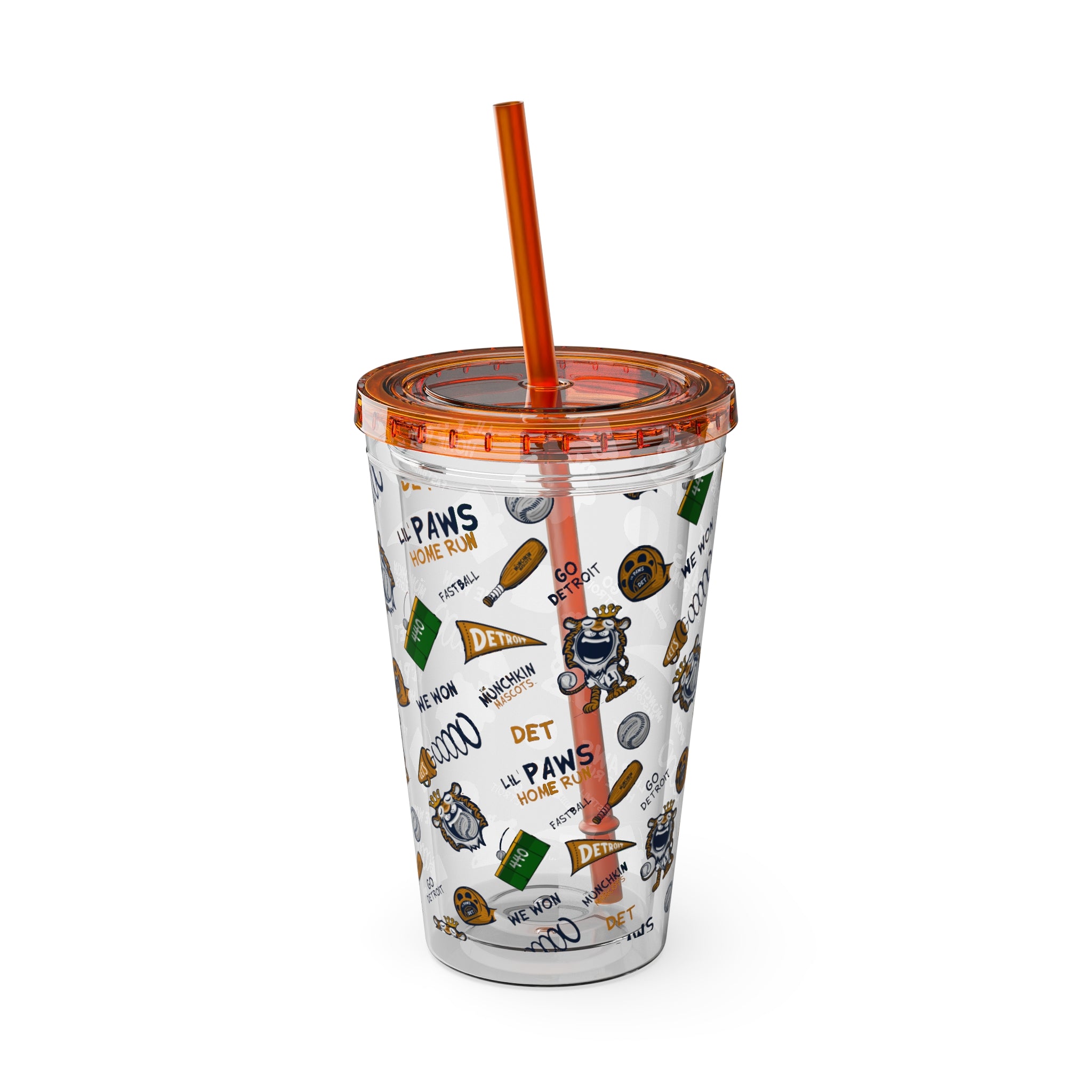 Detroit Baseball Tumbler with Straw Lil' Paws Pattern | Hand-Drawn Art | Gifts for Kids