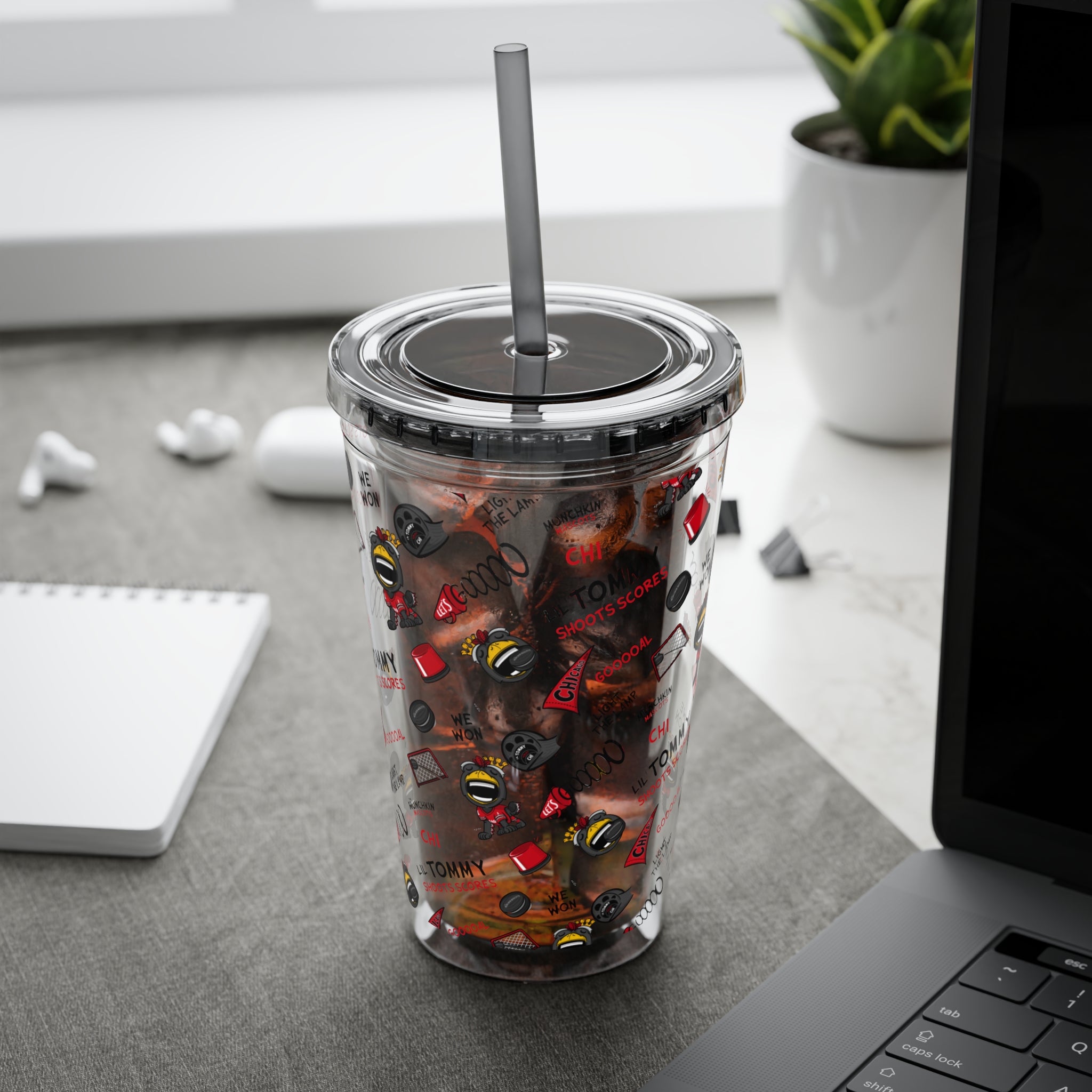 Chicago Hockey Tumbler with Straw Lil' Tommy Pattern | Hand-Drawn Art | Gifts for Kids