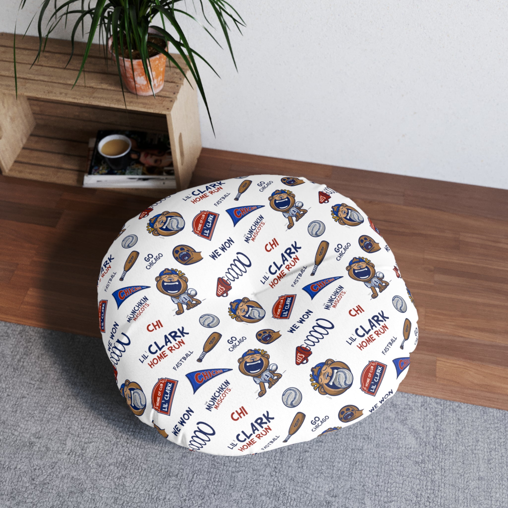 Tufted Floor Pillow, Round - Pattern + Cutest Fan - Lil' Clark CHI Baseball