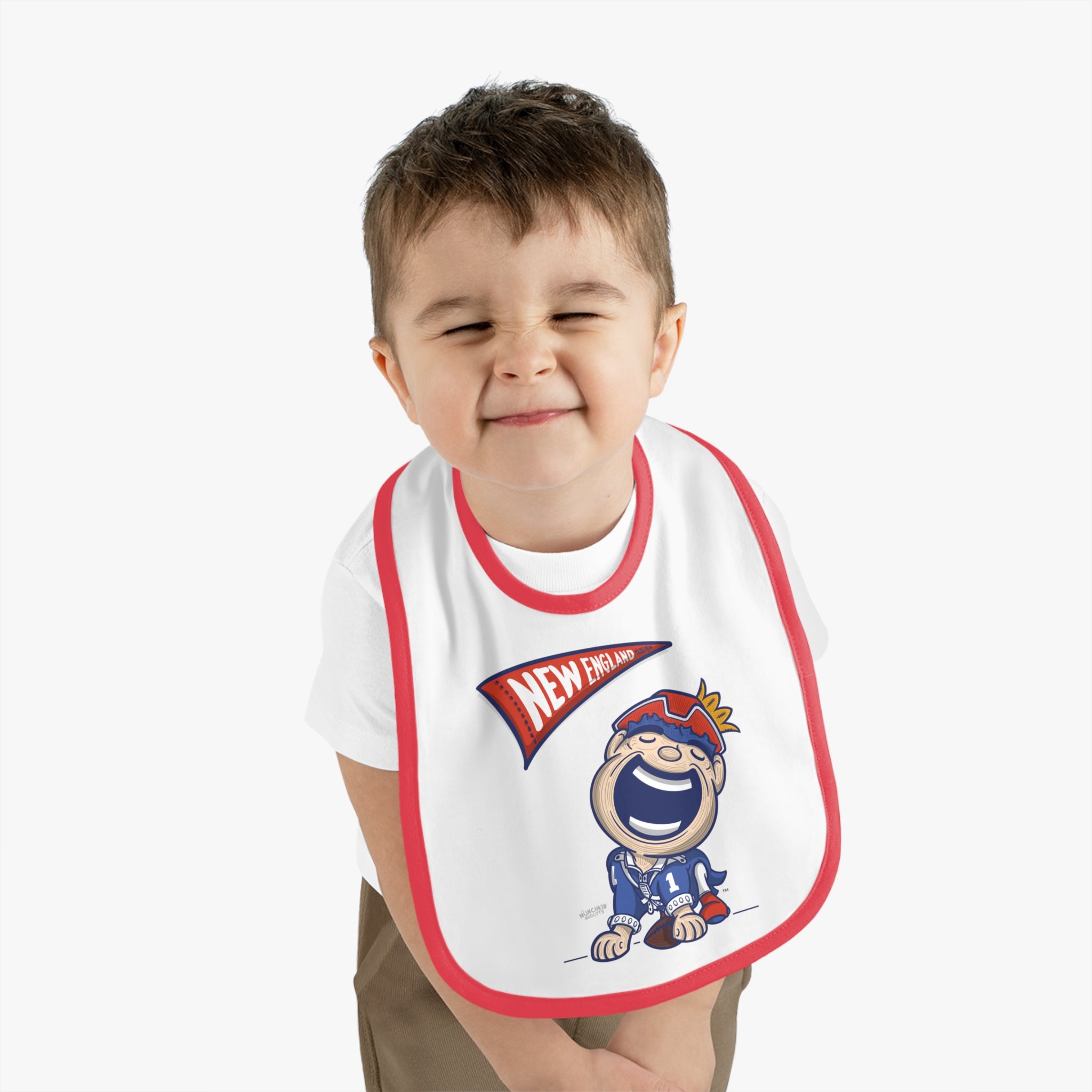 New England Football Baby Bib & Infant Lil' Pat Themed | Hand-Drawn Art | Gifts for Newborns